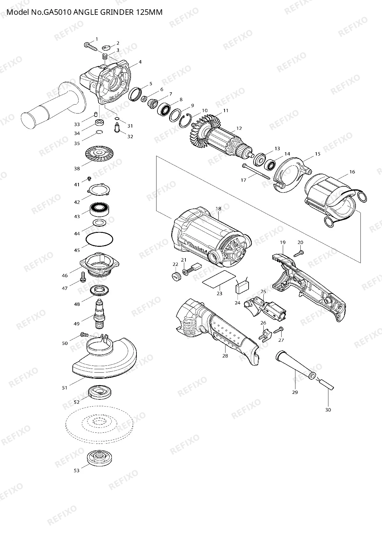 Деталировка MAKITA GA5010 — схема запчастей в разборе