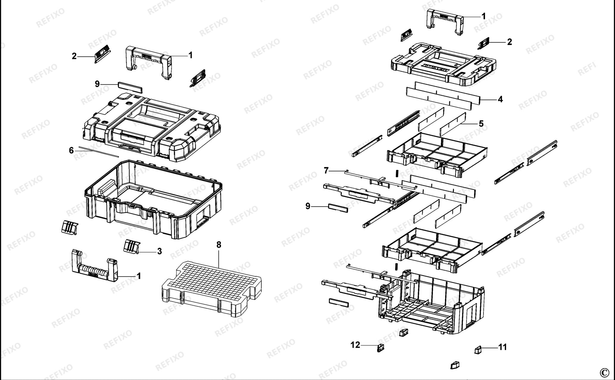 Деталировка DeWalt DWST1-70702-XJ TYPE 1 WERKZEUGBOX DWST1-70702-XJ DWST1-70702 — схема запчастей в разборе