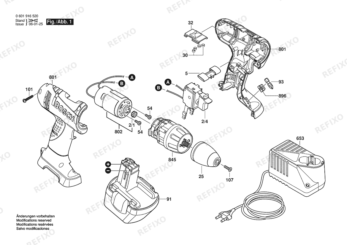 Деталировка Bosch Аккумуляторный -Mittelgriffschrauber GSR 12 V 2AK | 12 V | 001 - EU (0 601 916 530) — схема запчастей в разборе