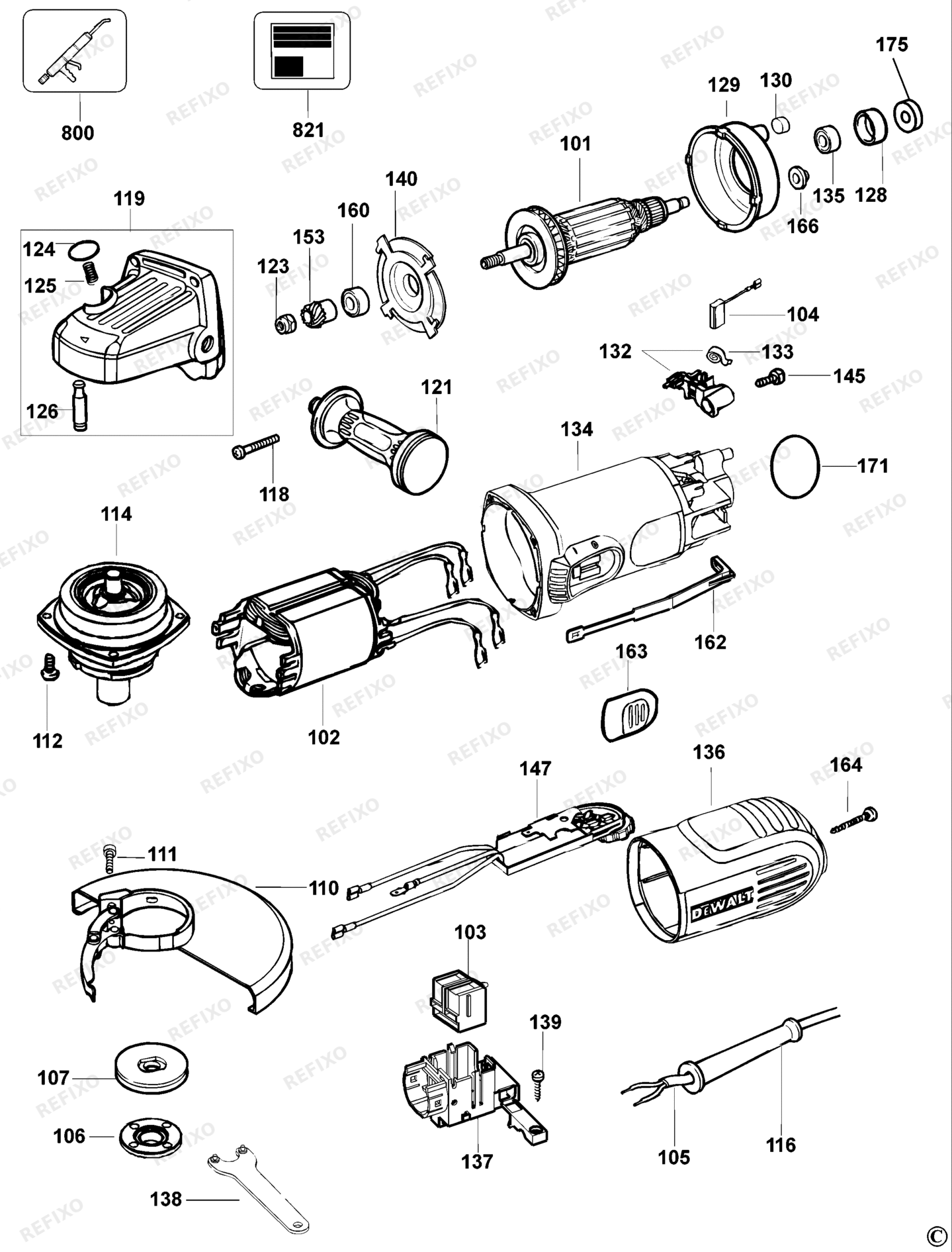 Деталировка DeWalt D28156-QS TYPE 1 SMALL ANGLE GRINDER D28156-QS D28156 — схема запчастей в разборе