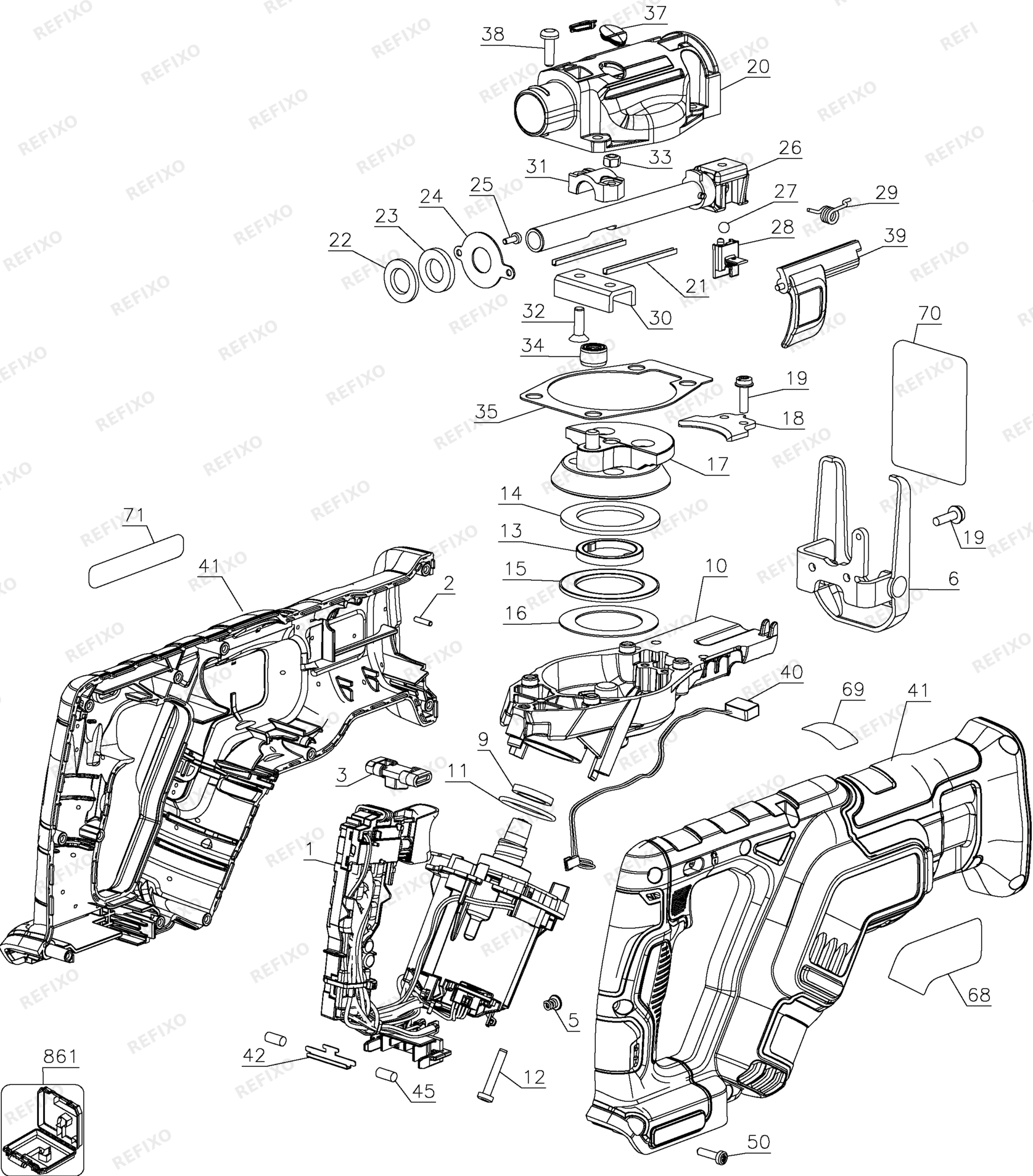 Деталировка DeWalt DCS367N-XJ TYPE 1 18v XR COMPACT BL RECIPRO DCS367-N-XJ DCS367N — схема запчастей в разборе