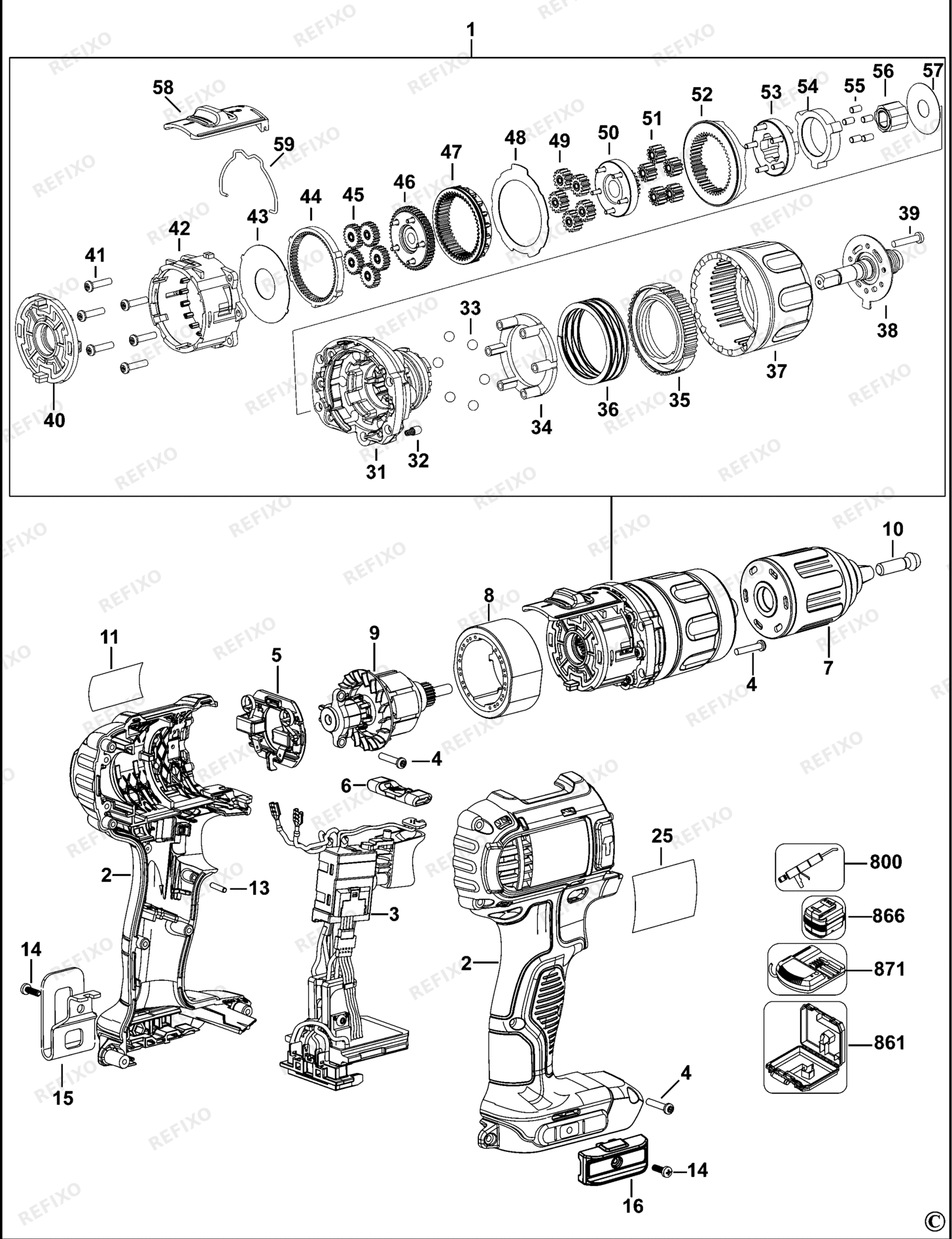 Деталировка DeWalt DCD730-QW TYPE 10 аккумуляторный - дрель DCD730-QW DCD730 — схема запчастей в разборе