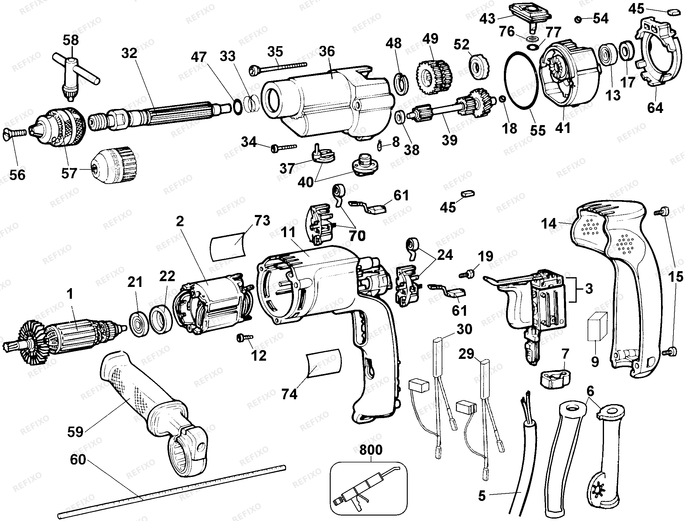 Деталировка DeWalt DW505K-QS TYPE 2 перфоратор DW505K-QS DW505K — схема запчастей в разборе