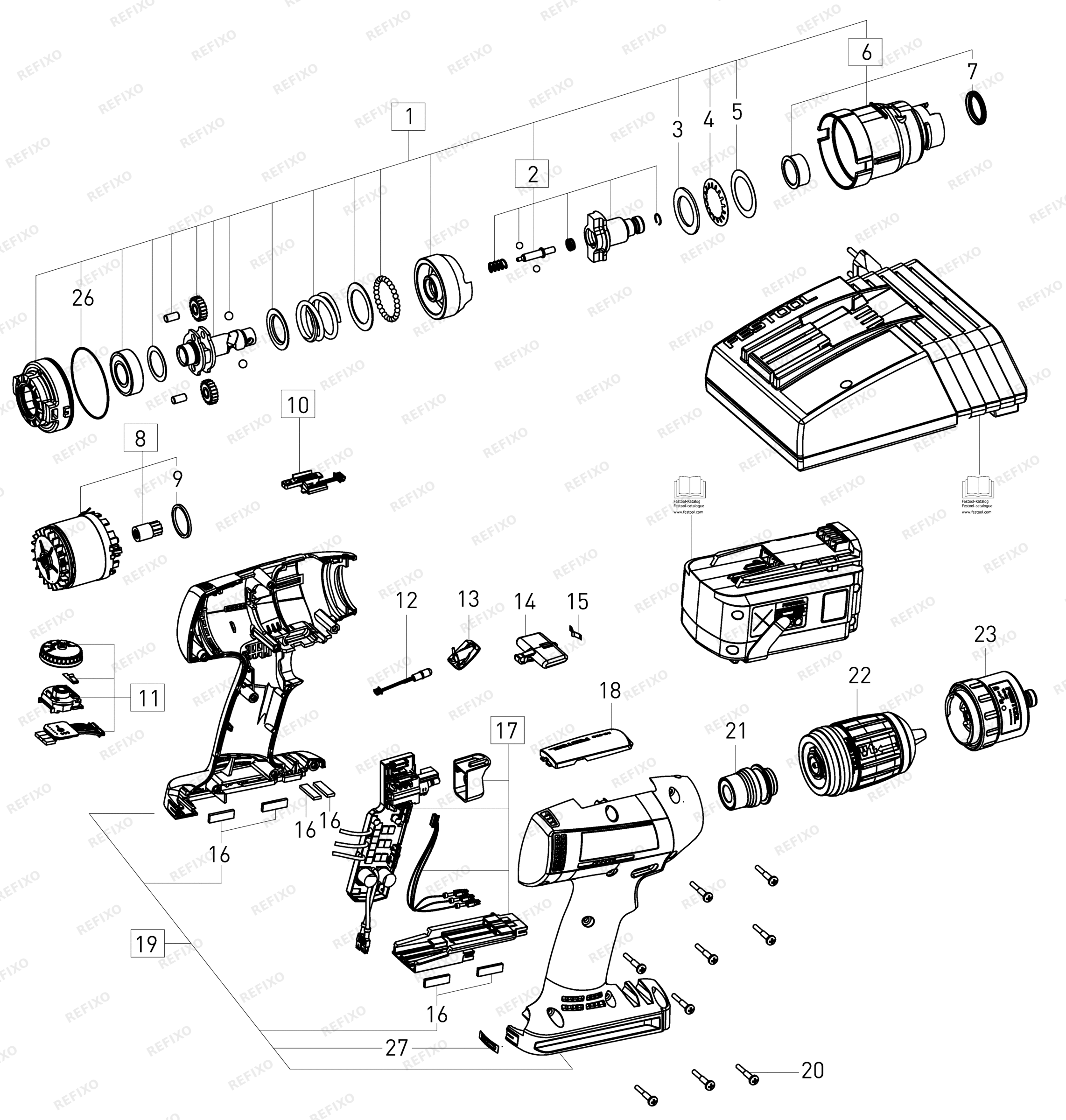 Деталировка Festool TI 15 - аккумуляторный -Schlagschrauber 496651 — схема запчастей в разборе