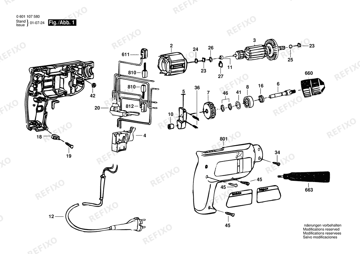 Деталировка Bosch Eingang- дрель GBM 10 | 220 V | 063 - BR (0 601 107 580) — схема запчастей в разборе