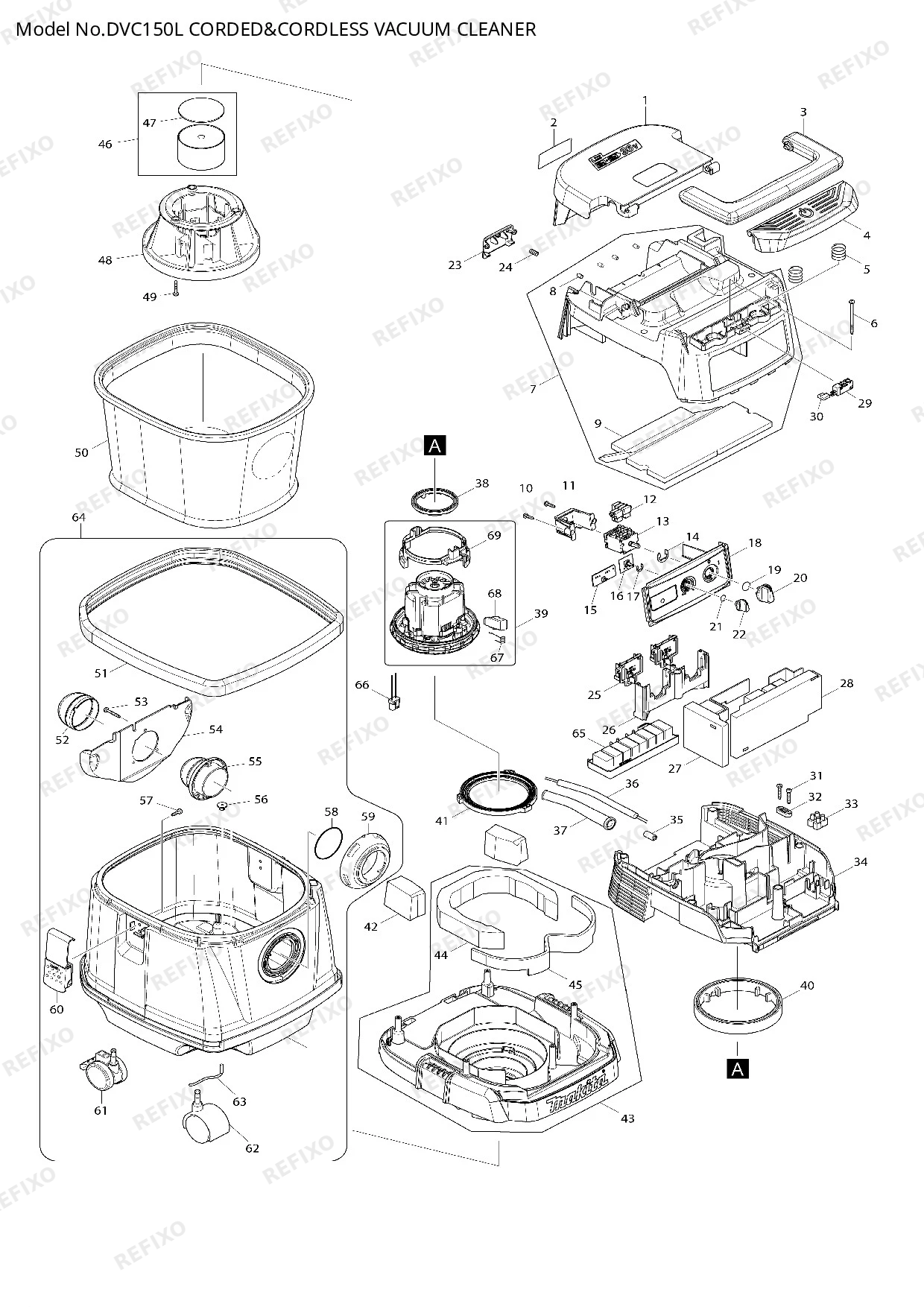 Деталировка MAKITA DVC150L — схема запчастей в разборе