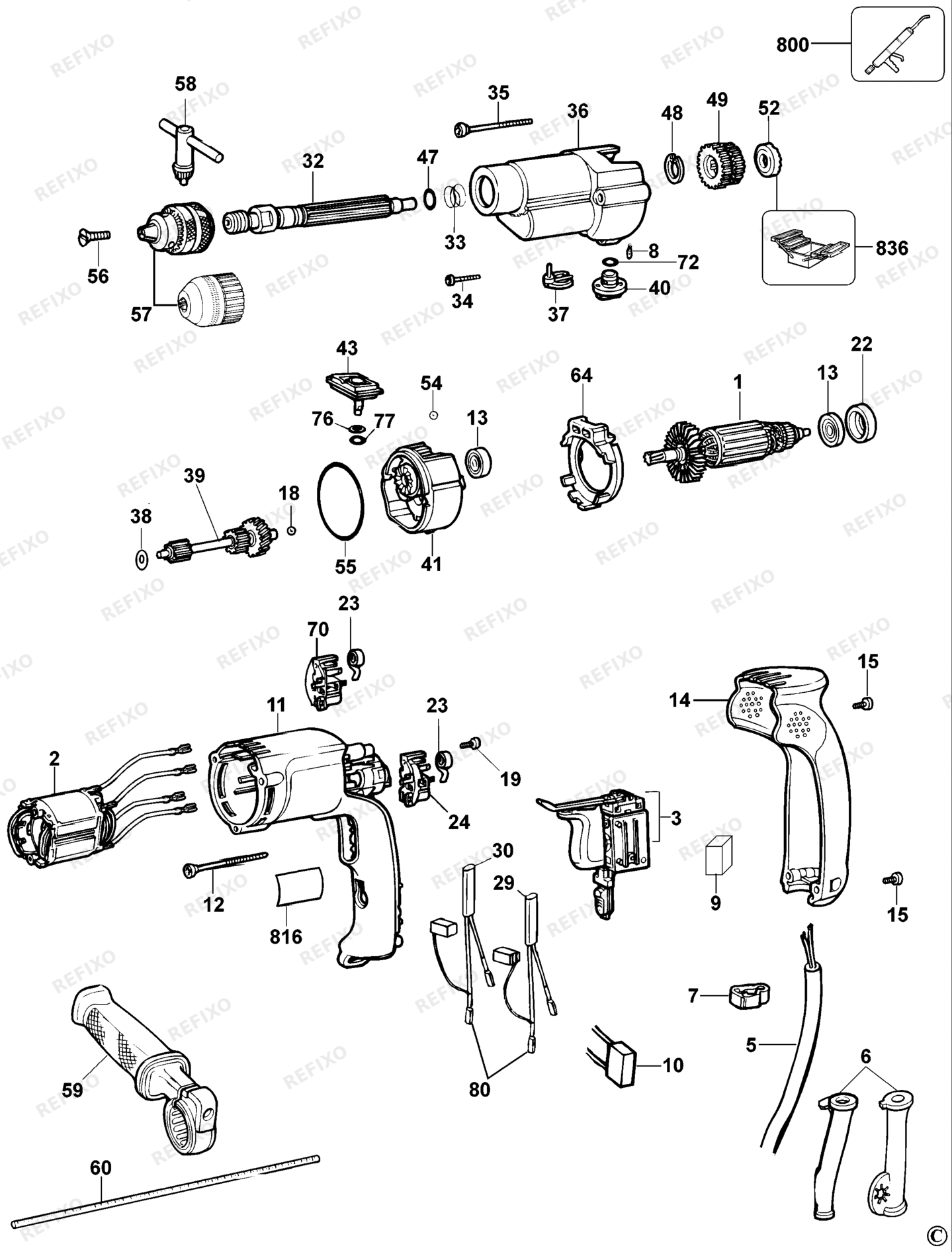Деталировка DeWalt DW505-QS TYPE 3 перфоратор DW505-QS DW505 — схема запчастей в разборе