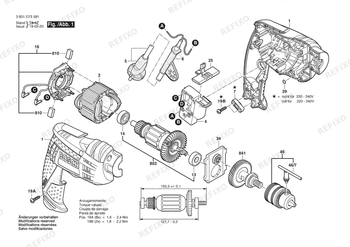 Деталировка Bosch Дрель GBM 10 RE (3 601 D73 582) — схема запчастей в разборе