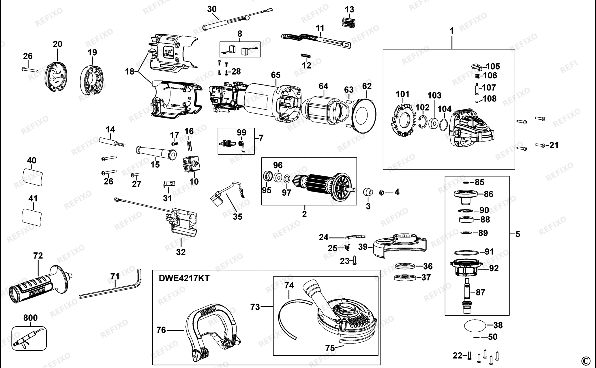 Деталировка DeWalt DWE4207-QS TYPE 1 SMALL ANGLE GRINDER DWE4207-QS DWE4207 — схема запчастей в разборе
