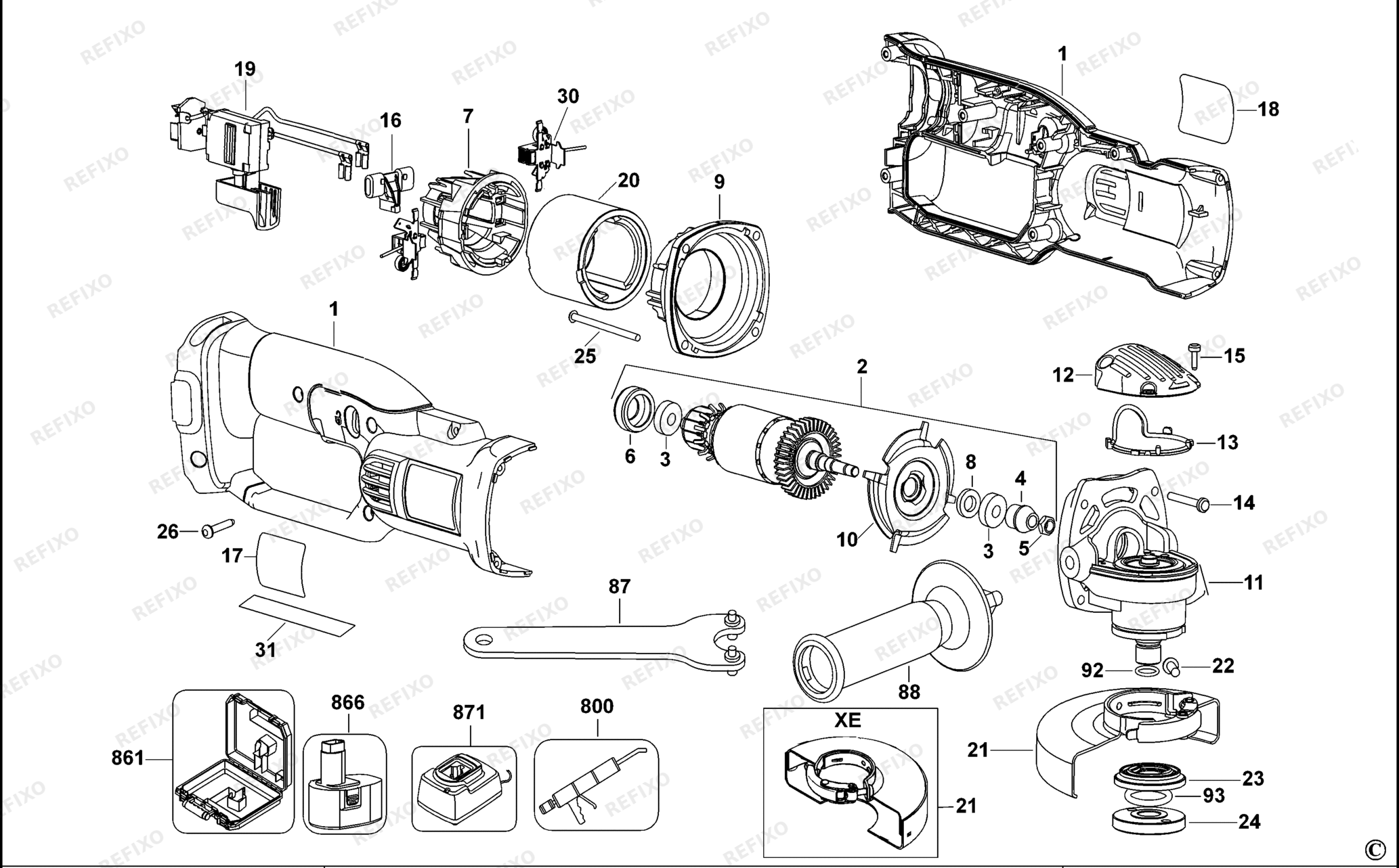 Деталировка DeWalt DC411-QW TYPE 1 SMALL ANGLE GRINDER DC411-QW DC411 — схема запчастей в разборе