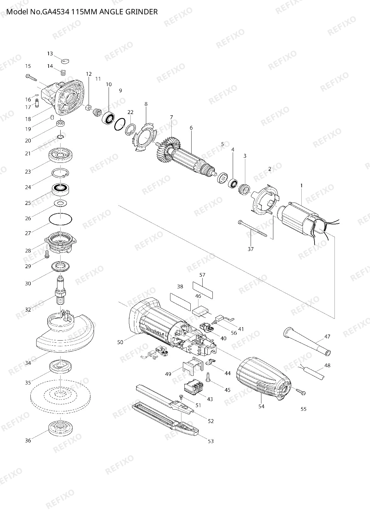 Деталировка MAKITA GA4534 — схема запчастей в разборе