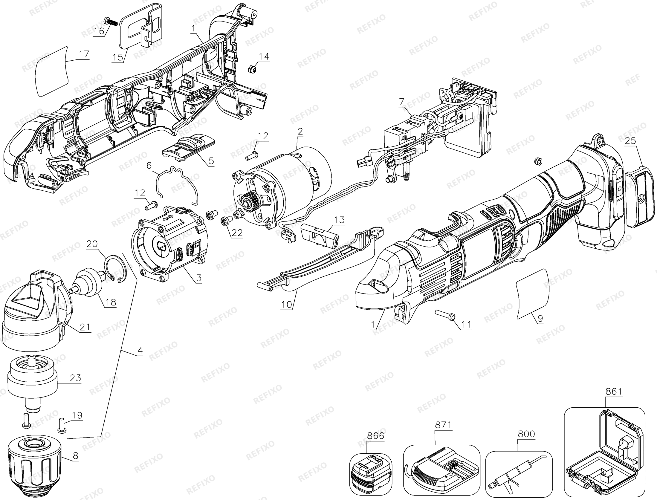Деталировка DeWalt DCD720N-XJ TYPE 1 14.4V XR RIGHT ANGLE DRIL DCD720N-XJ DCD720N — схема запчастей в разборе