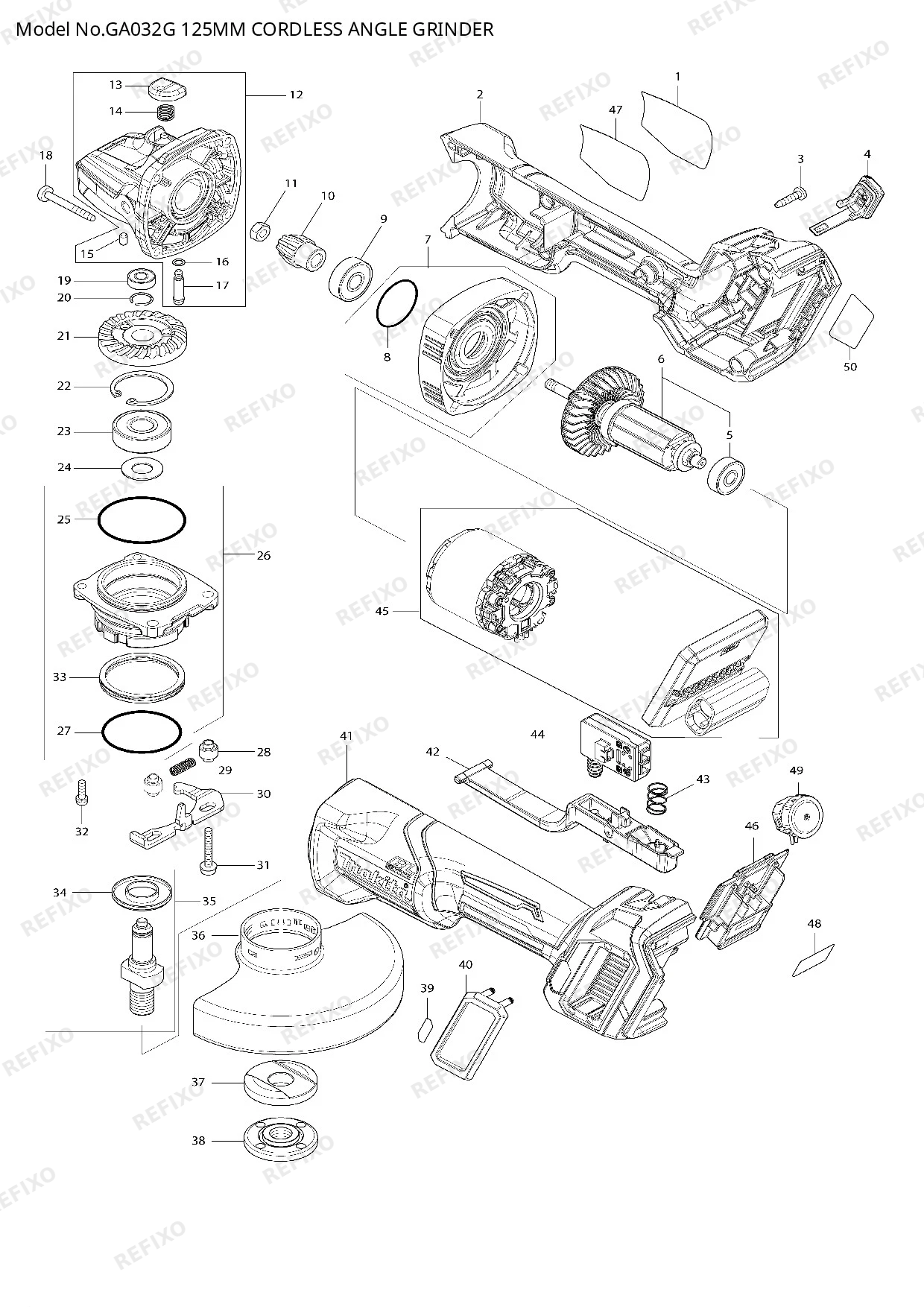 Деталировка MAKITA GA032G — схема запчастей в разборе
