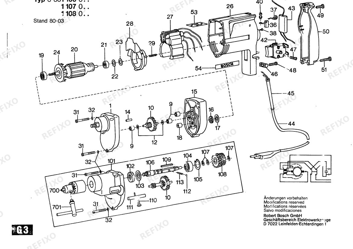 Деталировка Bosch Дрель Drill | 240 V | 027 - AU (0 601 108 037) — схема запчастей в разборе