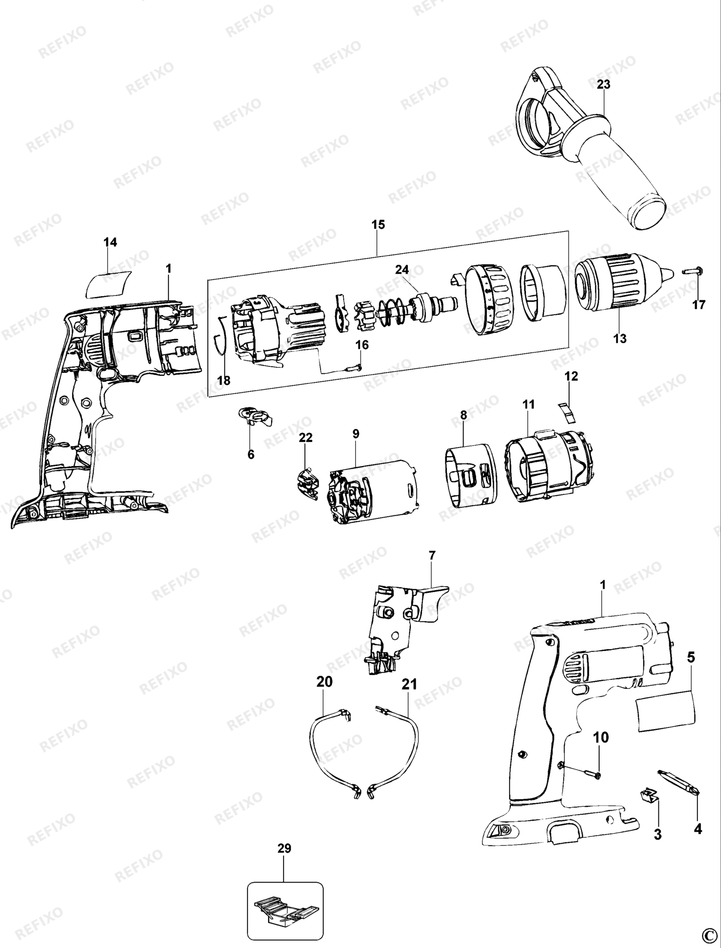 Деталировка DeWalt DW989-QW TYPE 1 аккумуляторный - дрель DW989-QW DW989 — схема запчастей в разборе