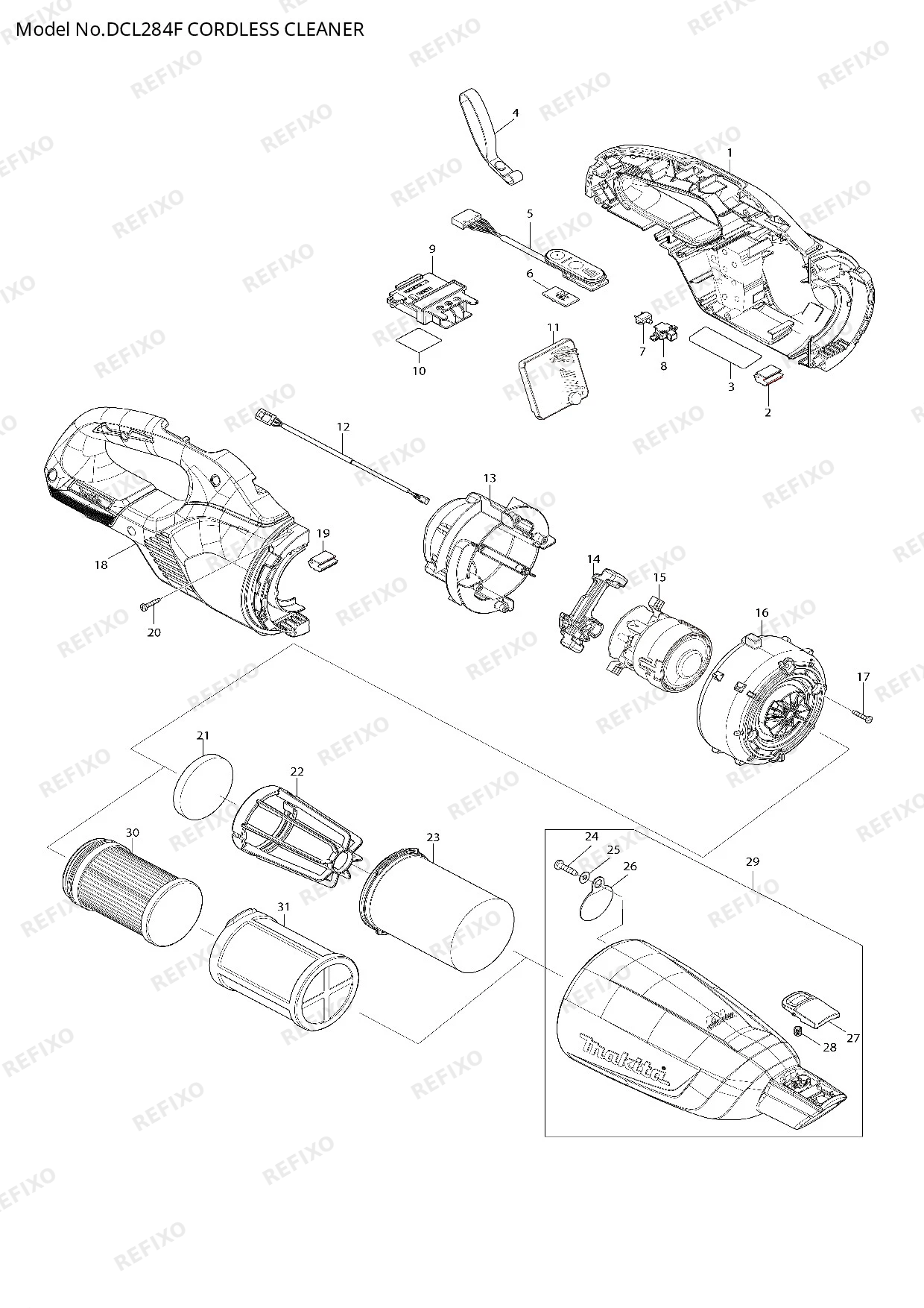 Деталировка MAKITA DCL284F — схема запчастей в разборе