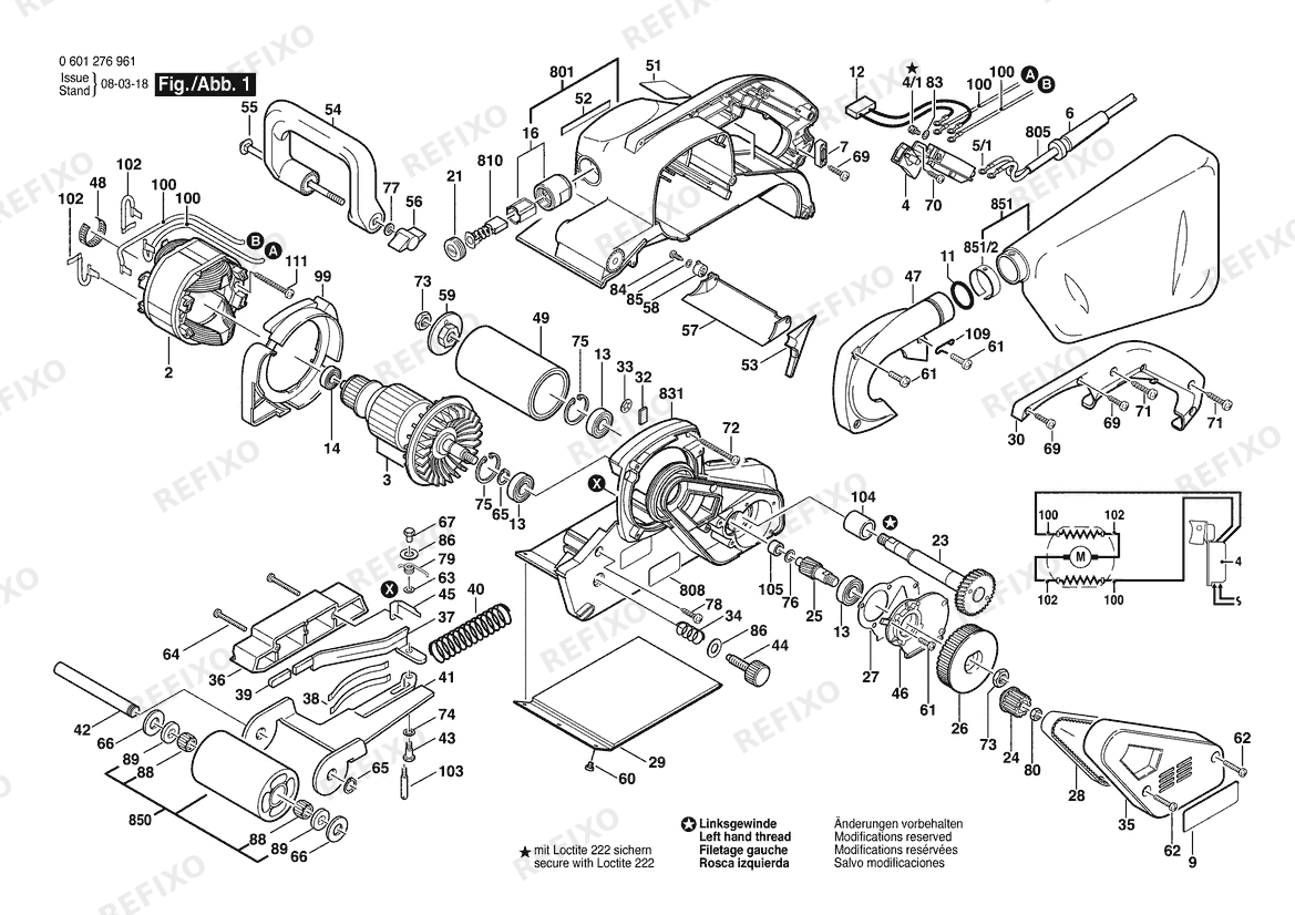 Деталировка Bosch Ленточная шлифмашина GBS 100 A | 220 V | 009 - CN (0 601 276 974) — схема запчастей в разборе