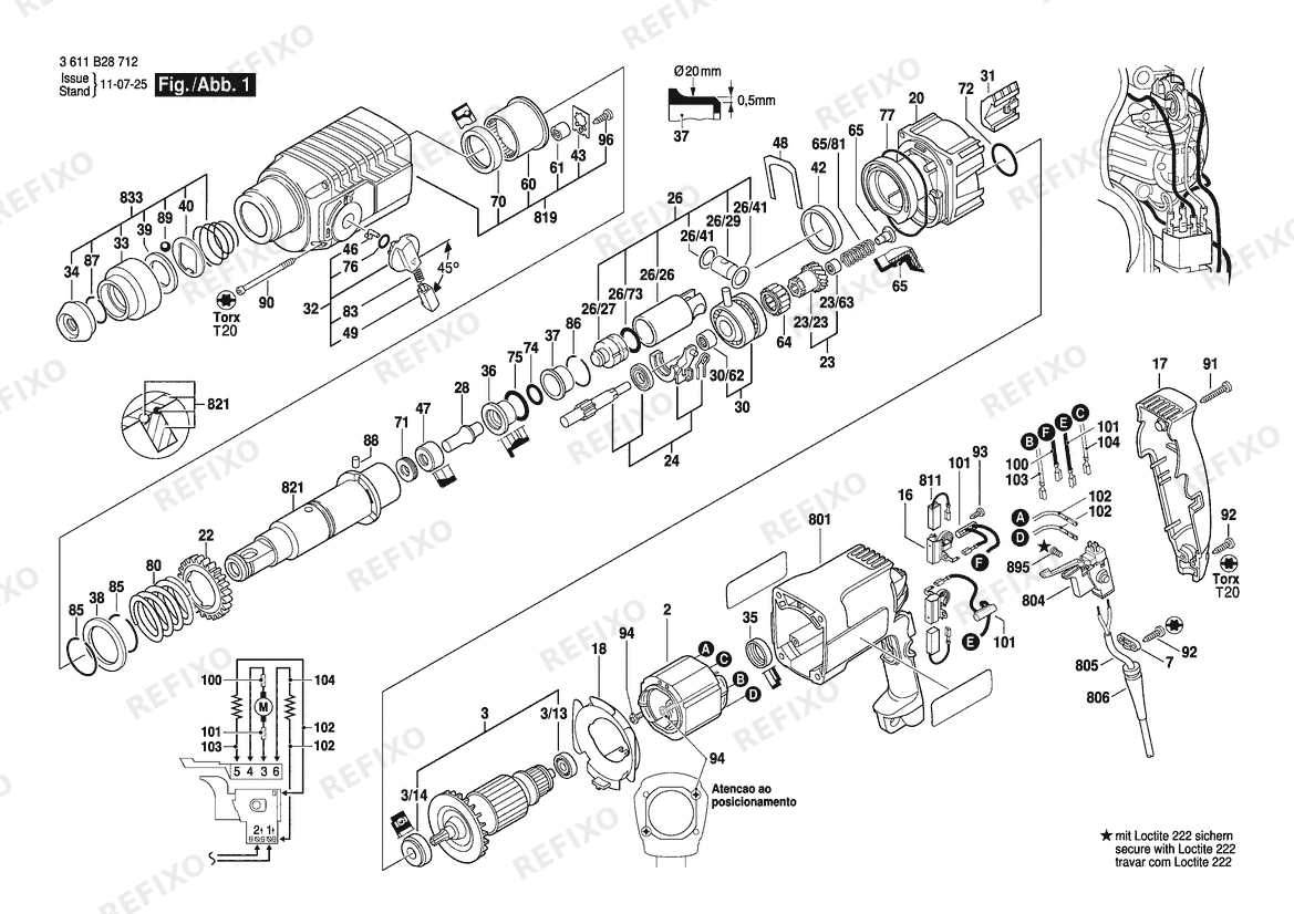 Деталировка Bosch Перфоратор GBH 2-24 DSR | 220 V | 063 - BR (3 611 B28 718) — схема запчастей в разборе