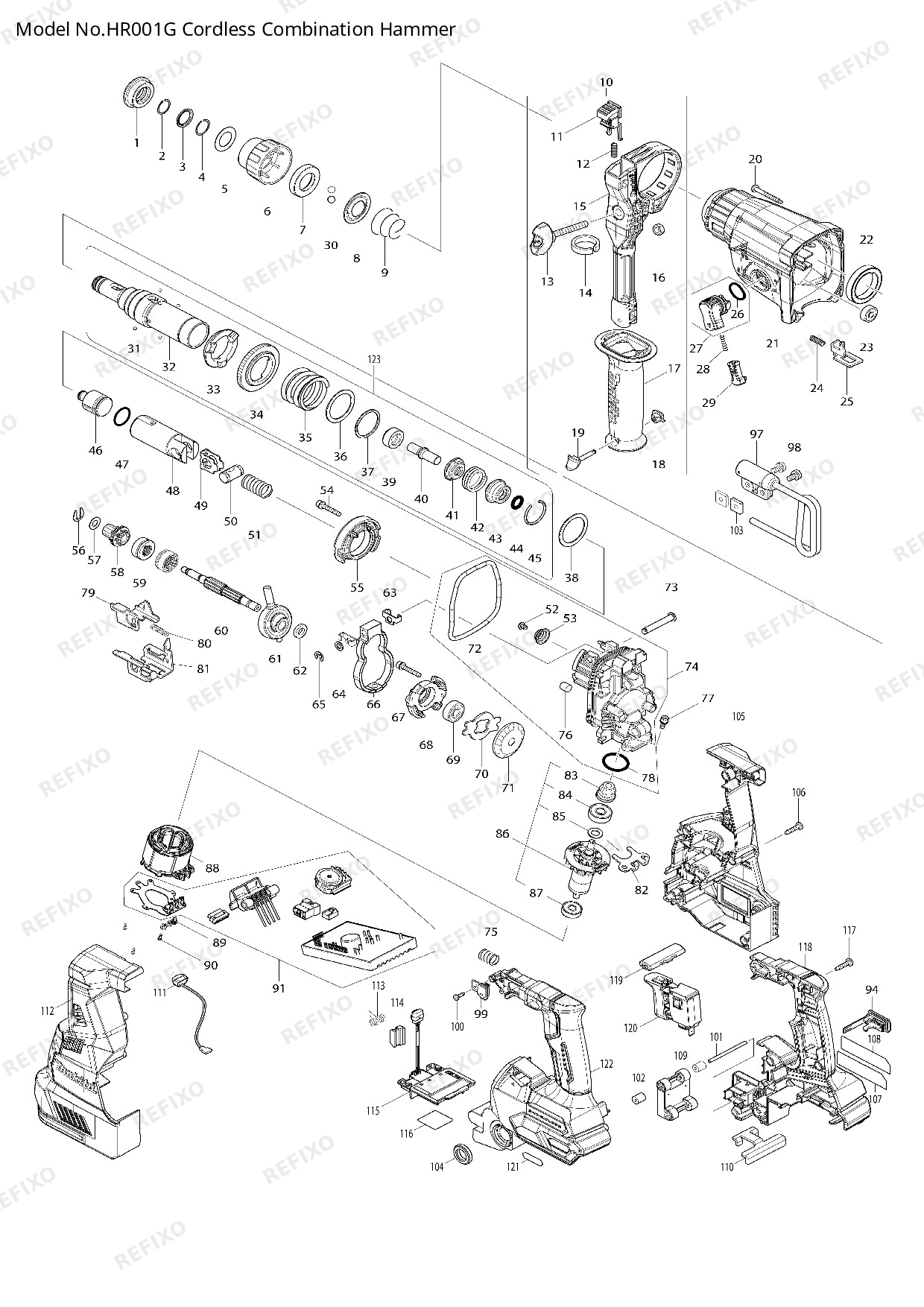 Деталировка MAKITA HR001G — схема запчастей в разборе