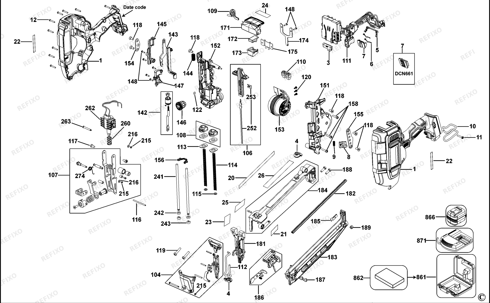 Деталировка DeWalt DCN661-XJ TYPE 1 63 mm Stift - Nagler DCN661-XJ DCN661 — схема запчастей в разборе