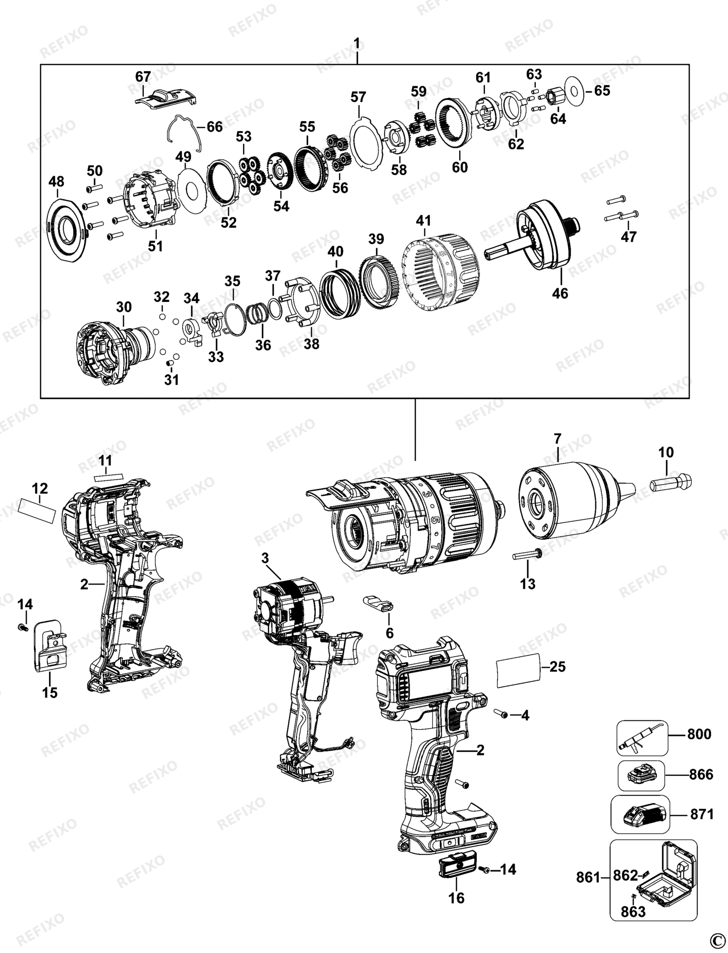 Деталировка DeWalt DCD737-QW TYPE 11 аккумуляторный - дрель DCD737-QW DCD737 — схема запчастей в разборе