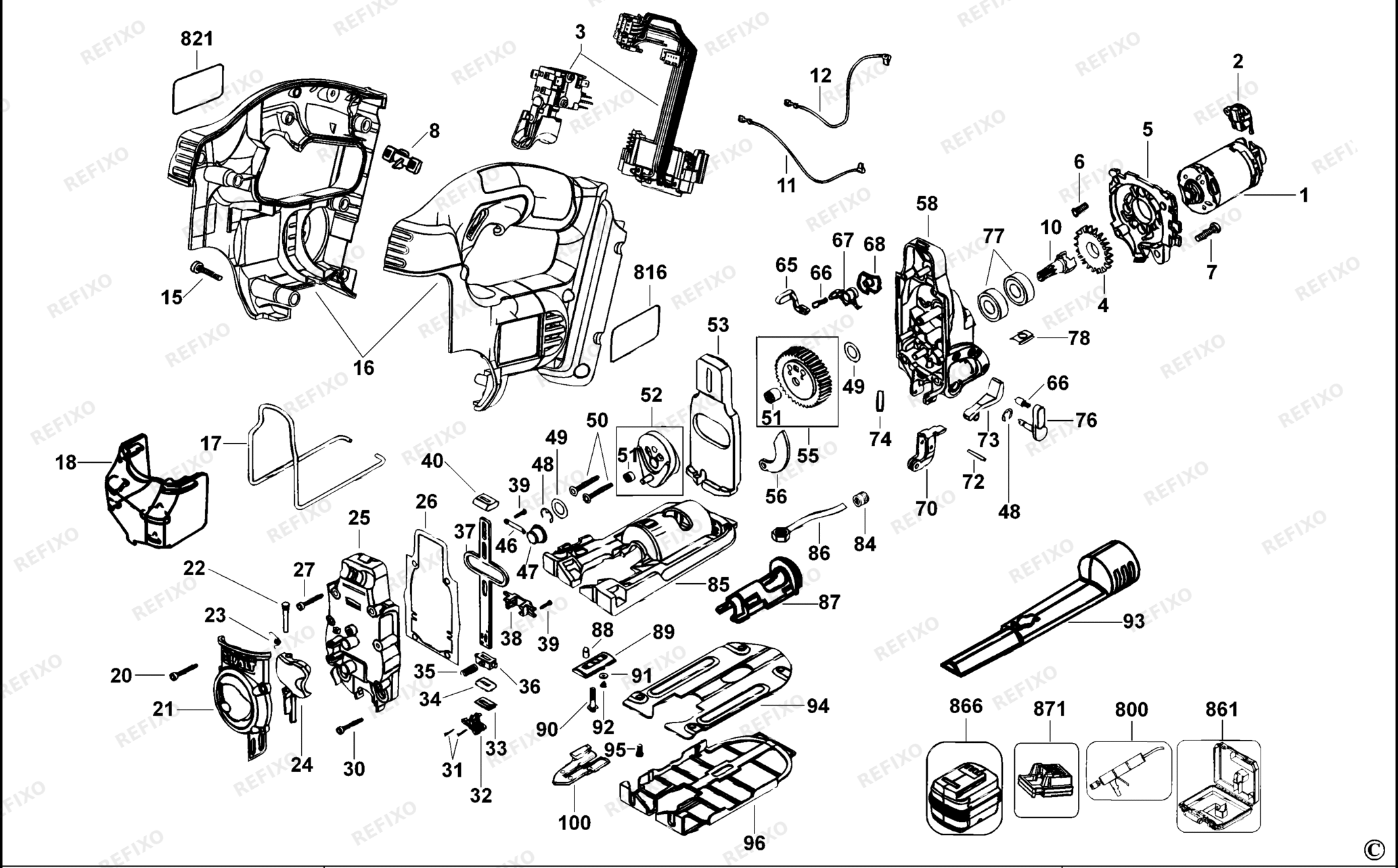 Деталировка DeWalt DC308K-QW TYPE 1 аккумуляторный - лобзик DC308K-QW DC308K — схема запчастей в разборе