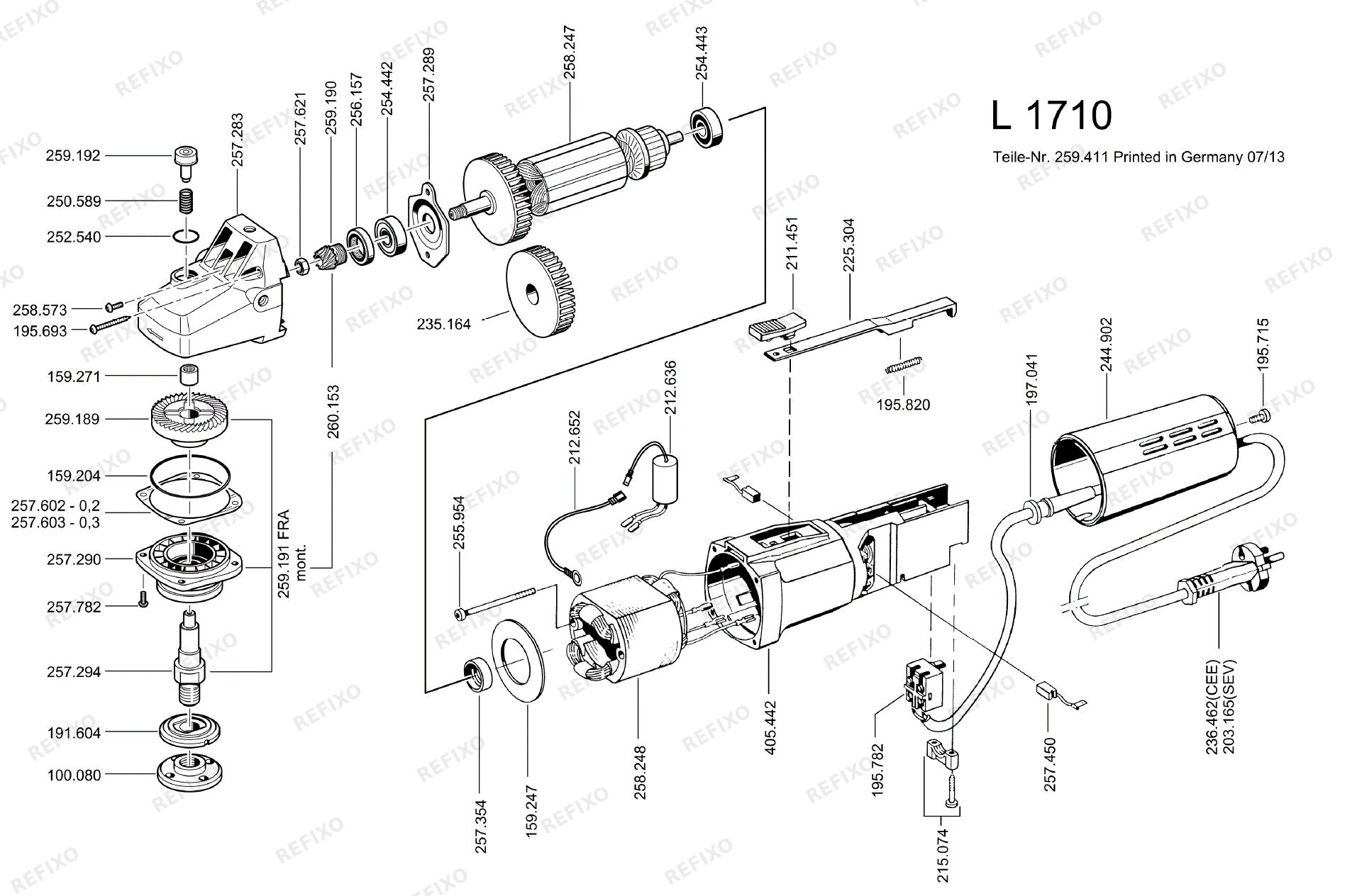 Деталировка Flex L 1710 Einhandwinkelschleifer ab 07.2013 L1710 — схема запчастей в разборе