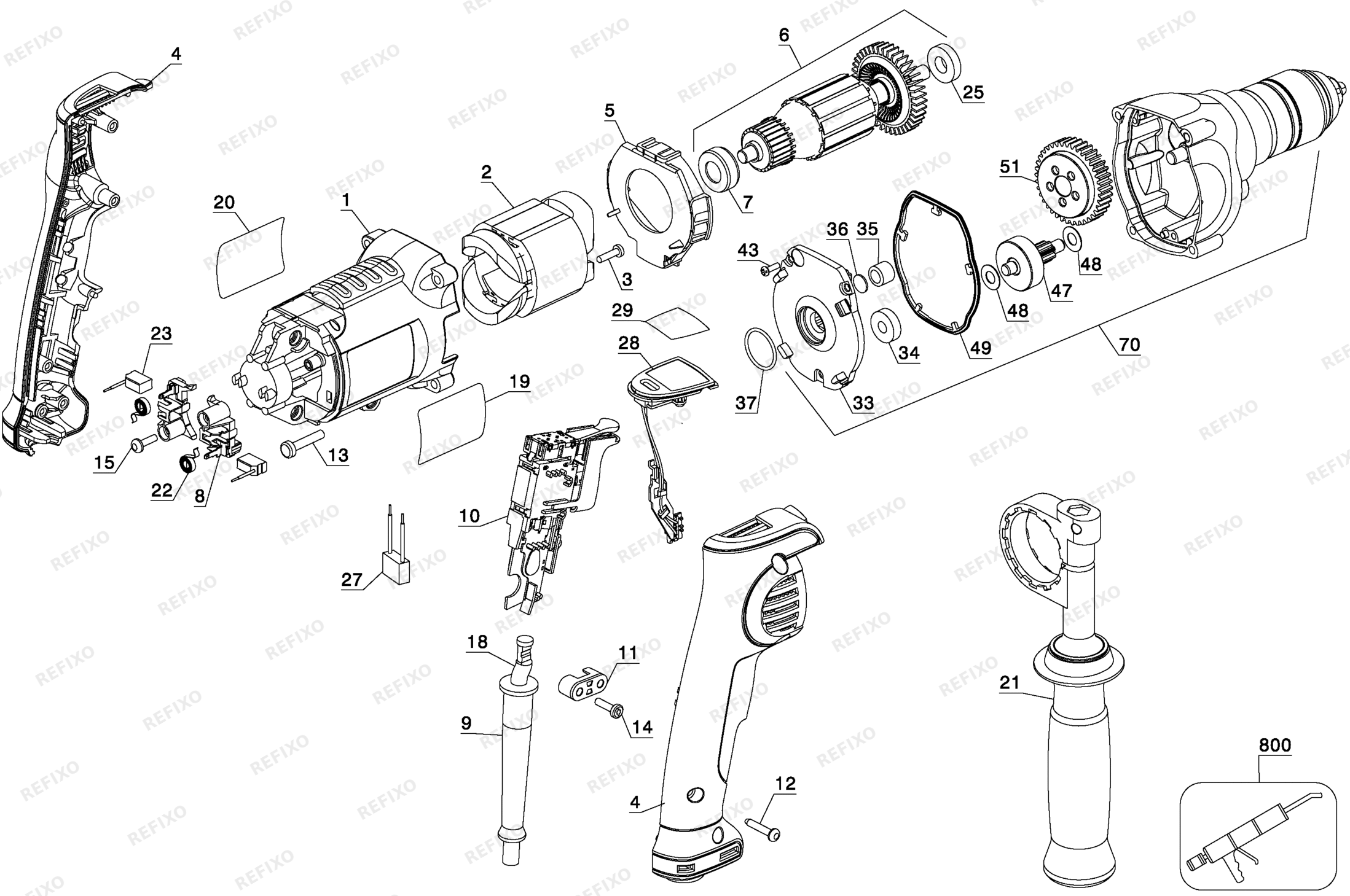 Деталировка DeWalt DWD221-QS TYPE 1 ROTARY DRILL DWD221-QS DWD221 — схема запчастей в разборе