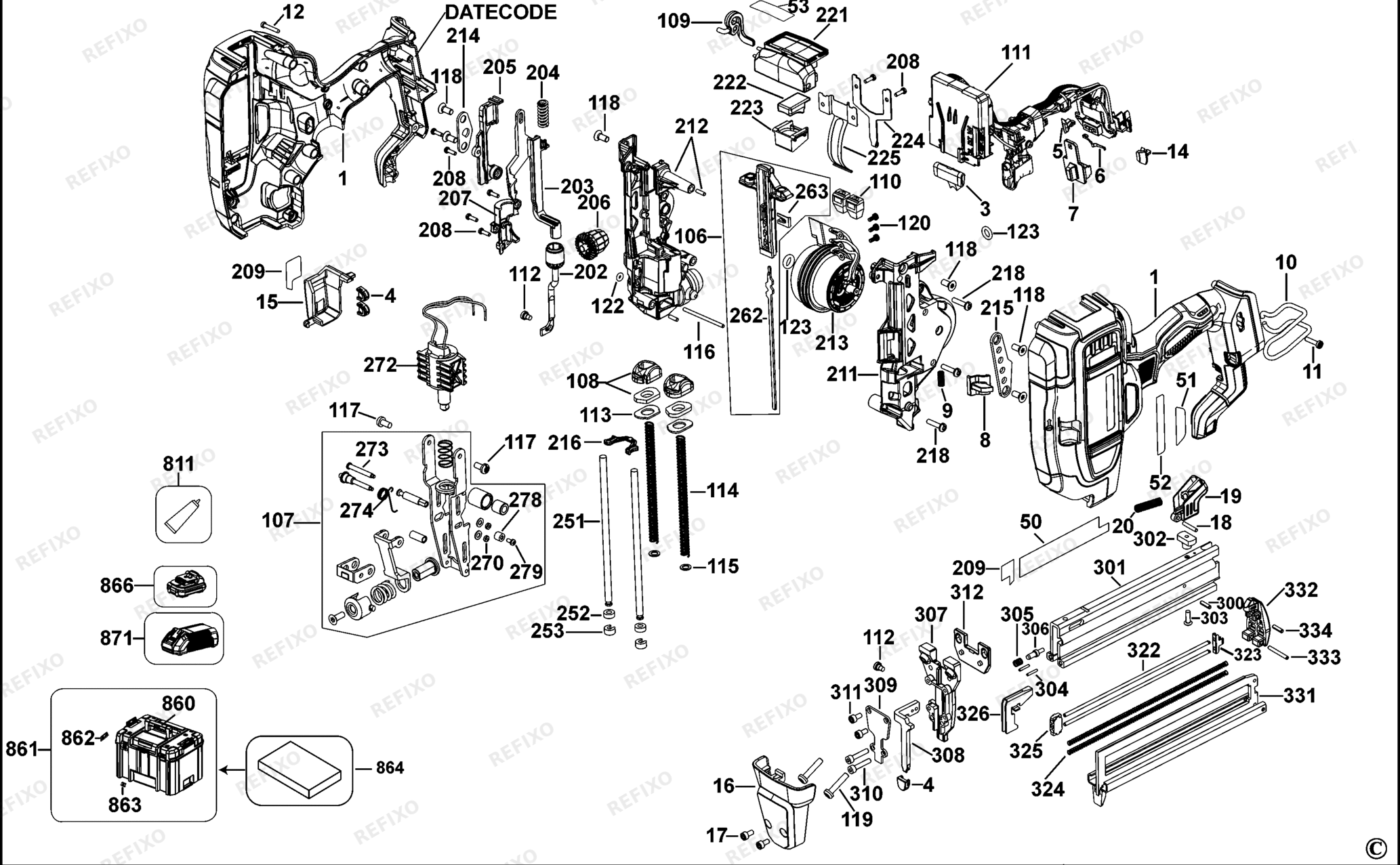 Деталировка DeWalt DCN681-QW TYPE 1 50 mm Stauchkopf - Nagler DCN681-QW DCN681 — схема запчастей в разборе