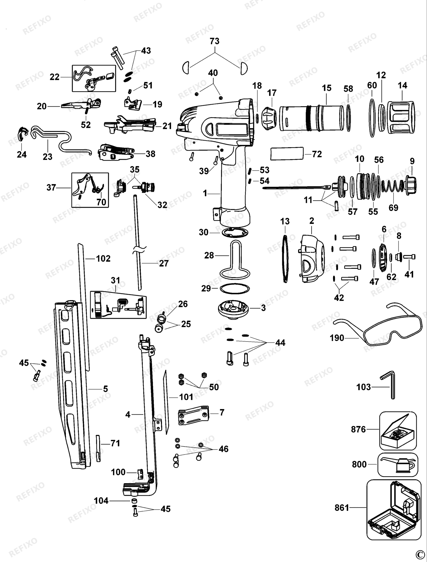 Деталировка DeWalt D51256K-QS TYPE 3 63 mm Stift - Nagler D51256K-QS D51256K — схема запчастей в разборе