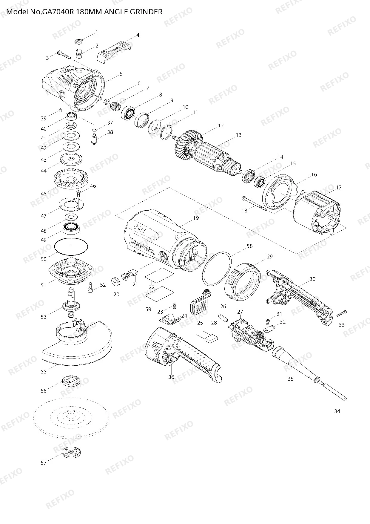 Деталировка MAKITA GA7040R — схема запчастей в разборе