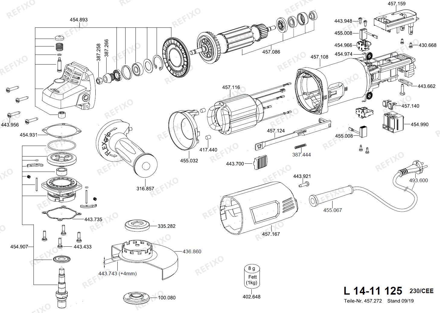 Деталировка Flex L 14-11 125 - угловая шлифмашина L14-11-125 — схема запчастей в разборе