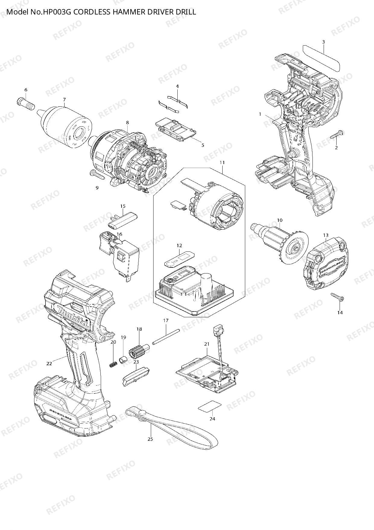 Деталировка MAKITA HP003G — схема запчастей в разборе