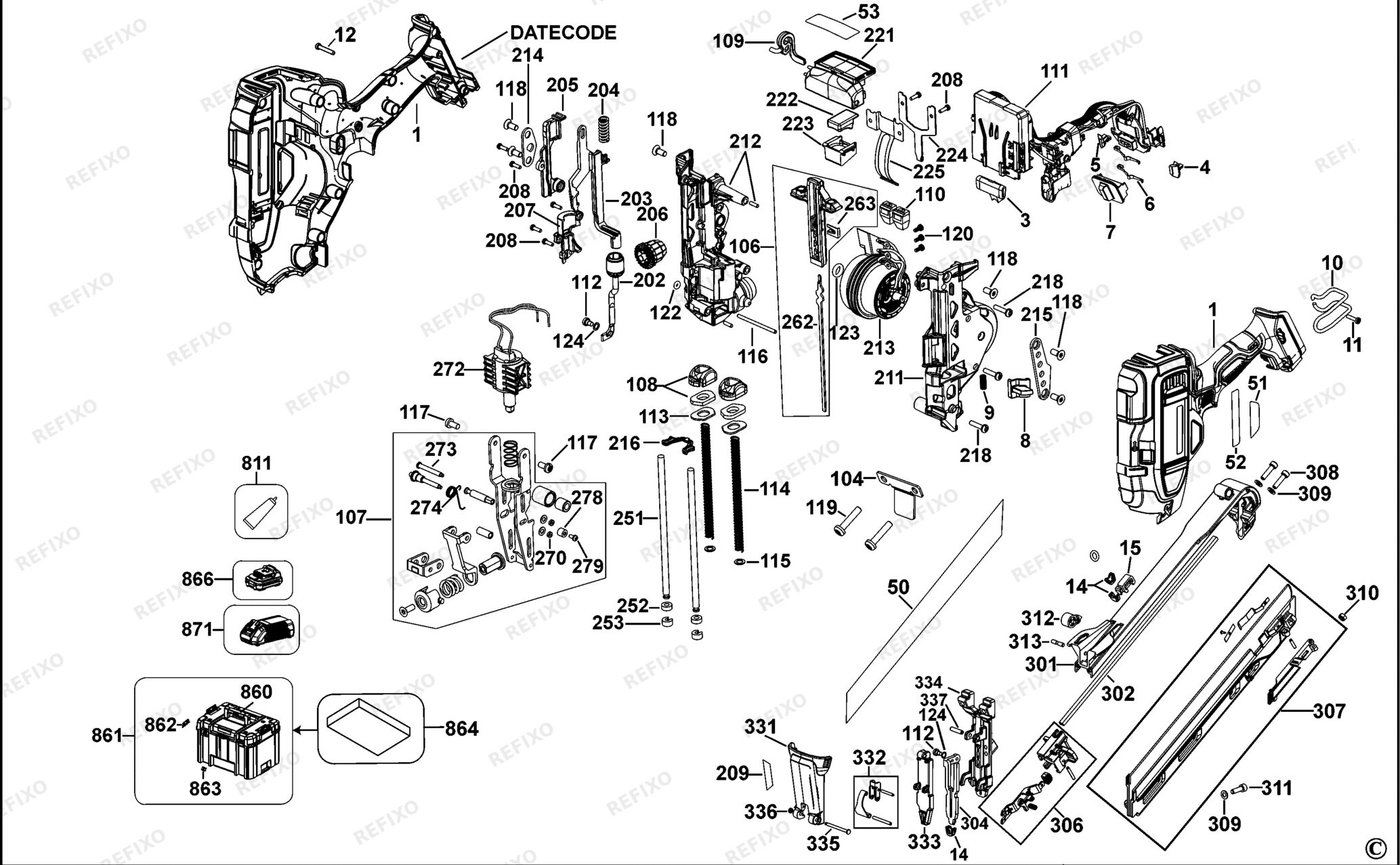 Деталировка DeWalt DCN650-QW TYPE 1 Stauchkopf - Nagler DCN650-QW DCN650 — схема запчастей в разборе