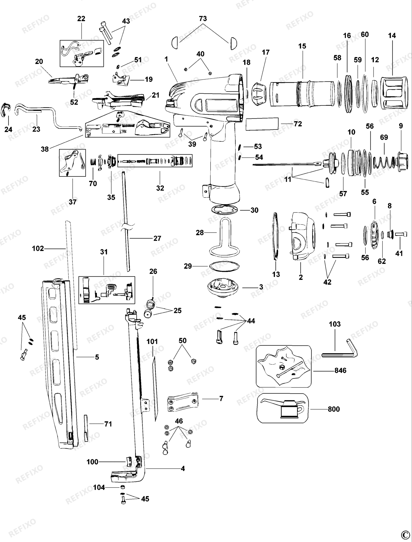 Деталировка DeWalt D51256K-QS TYPE 1 63 mm Stift - Nagler D51256K-QS D51256K — схема запчастей в разборе