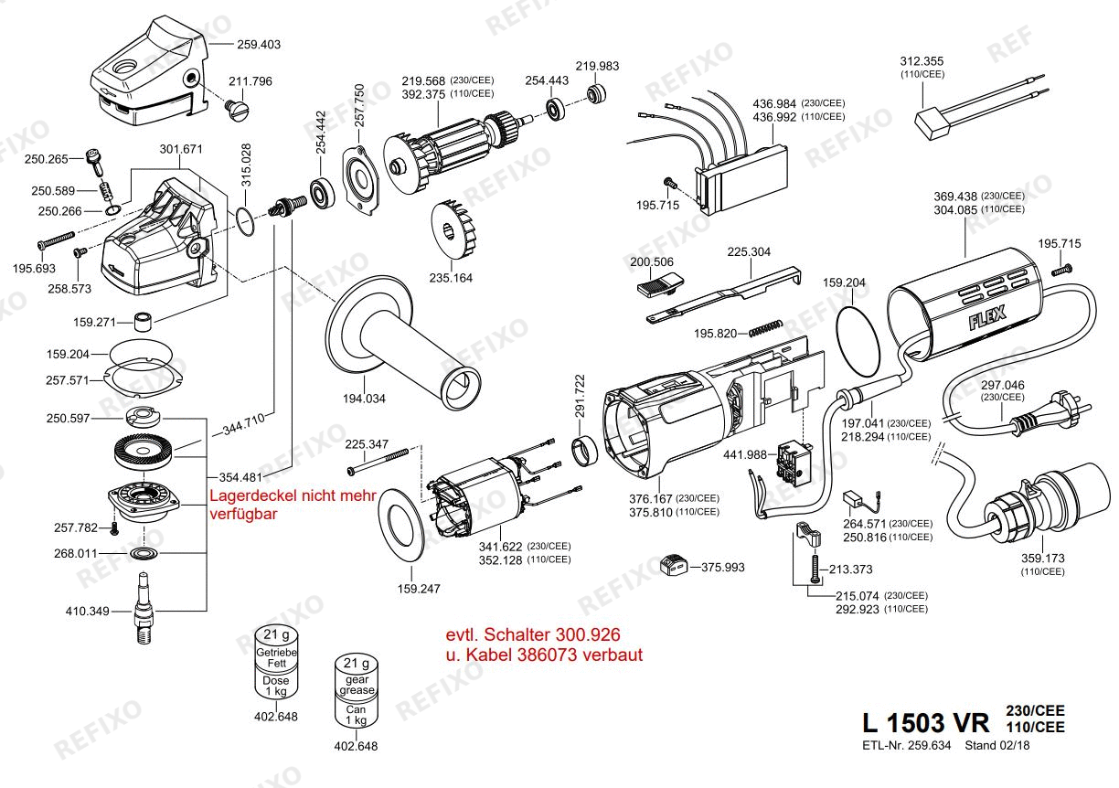 Деталировка Flex L 1503 VR 230BS-HOW — схема запчастей в разборе