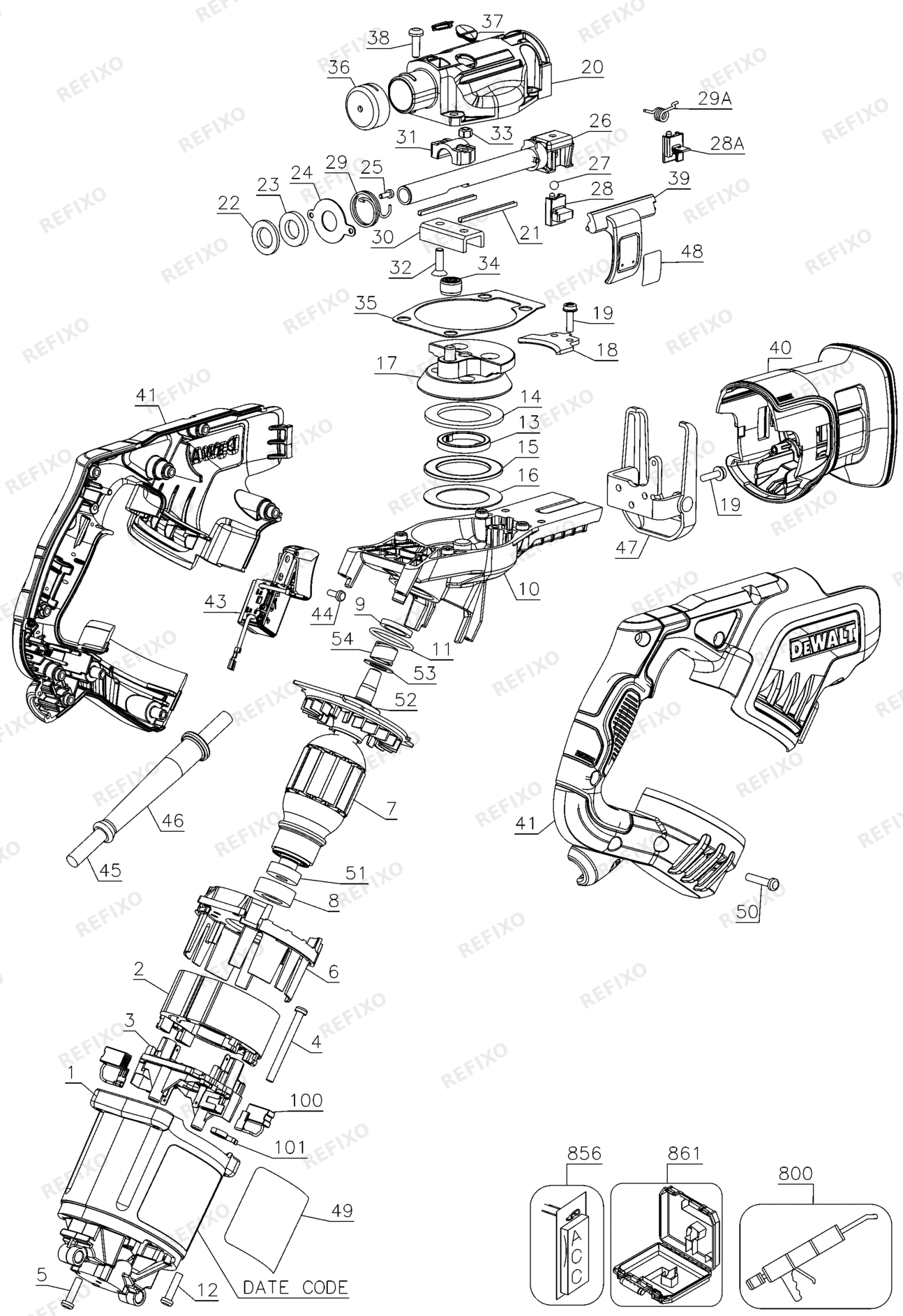 Деталировка DeWalt DWE357K-LX TYPE 1 CORDLESS RECIPROCATING SAW DWE357K-LX DWE357K — схема запчастей в разборе