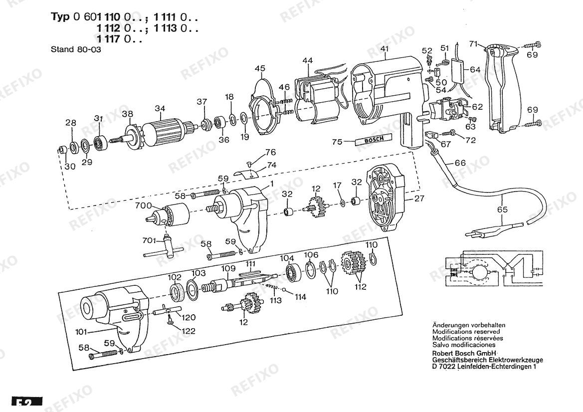 Деталировка Bosch Дрель Drill | 220 V | 036 - GB (0 601 113 146) — схема запчастей в разборе