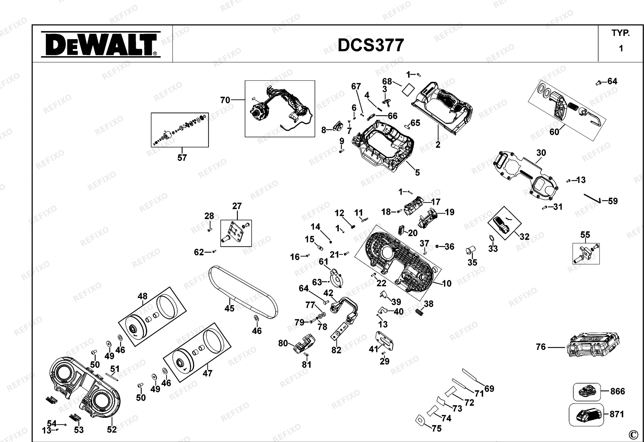 Деталировка DeWalt DCS377-QW TYPE 1 ленточная пила DCS377-QW DCS377 — схема запчастей в разборе