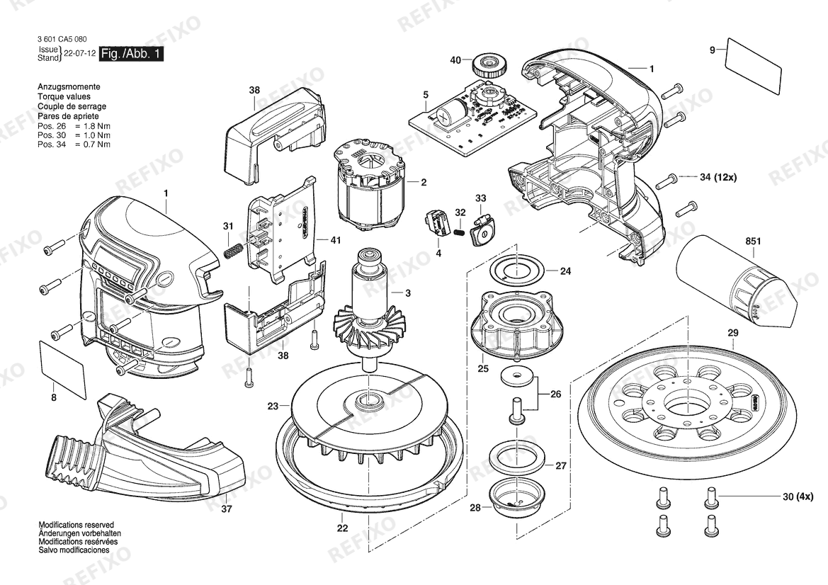 Деталировка Bosch Эксцентриковая шлифмашина GEX 185-LI | 18 V | 044 - LAM (3 601 CA5 0E0) — схема запчастей в разборе