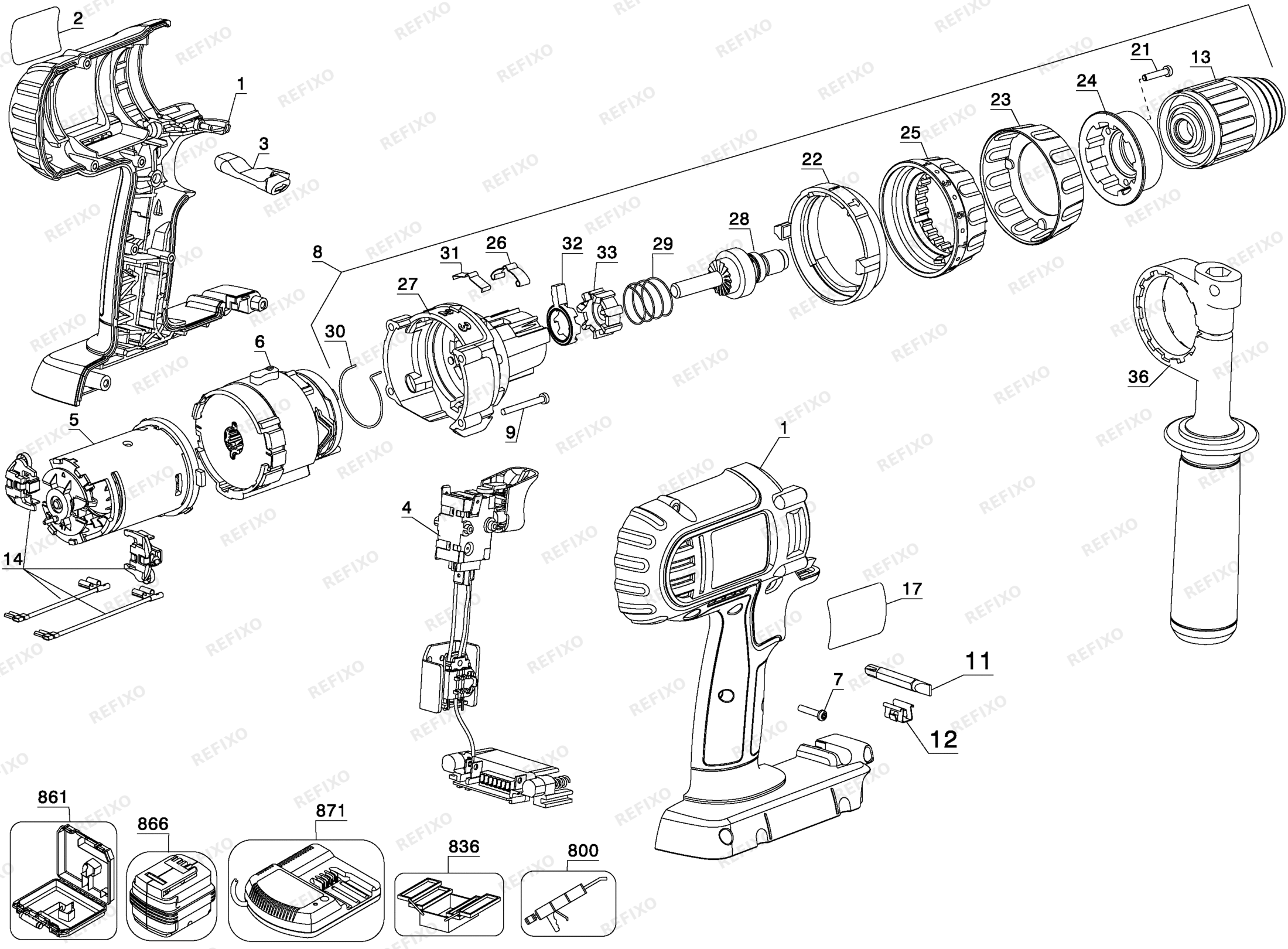 Деталировка DeWalt DC910K-XJ TYPE 1 28V HMRDRLDRVR DC910K-XJ DC910K — схема запчастей в разборе