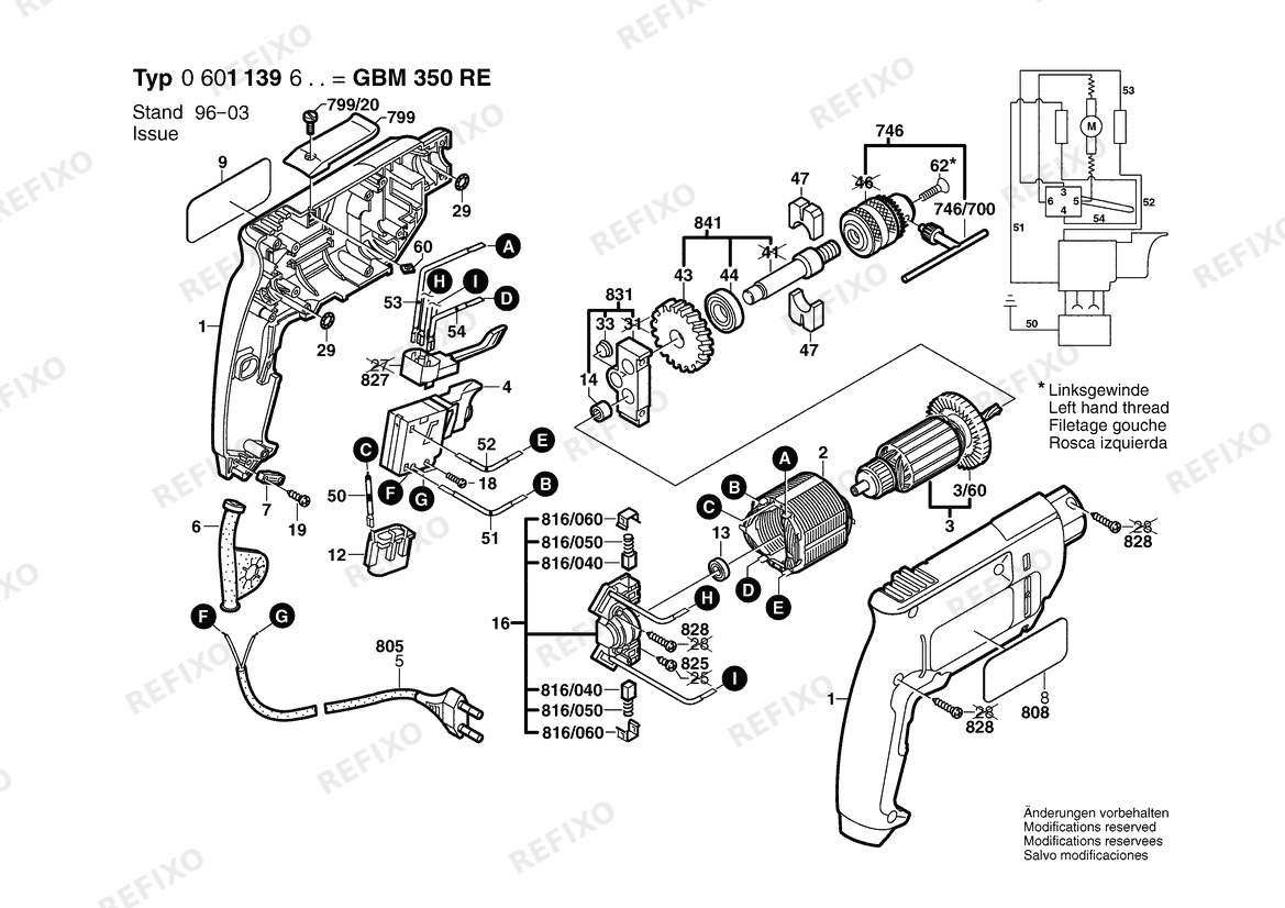 Деталировка Bosch Дрель GBM 350 RE | 115 V | 025 - AMS (0 601 139 634) — схема запчастей в разборе
