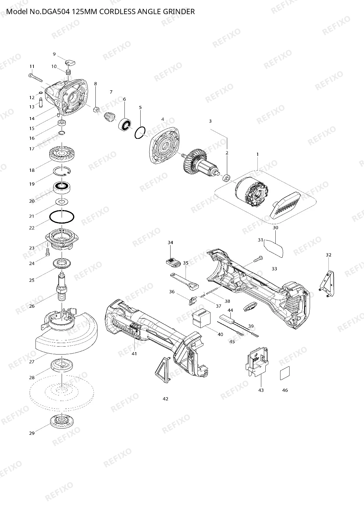 Деталировка MAKITA DGA504 — схема запчастей в разборе