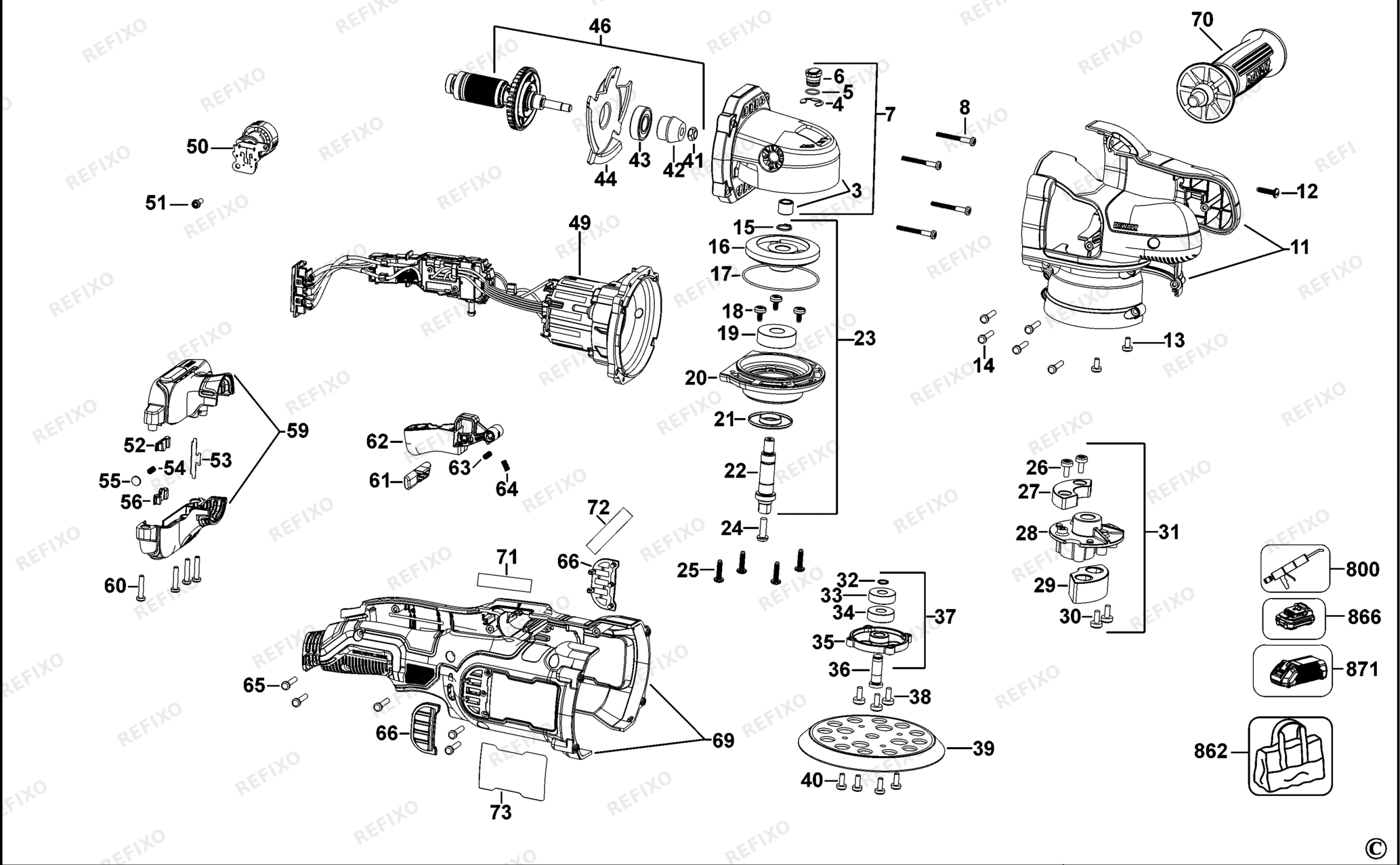 Деталировка DeWalt DCM848-QW TYPE 1 POLIERER DCM848-QW DCM848 — схема запчастей в разборе