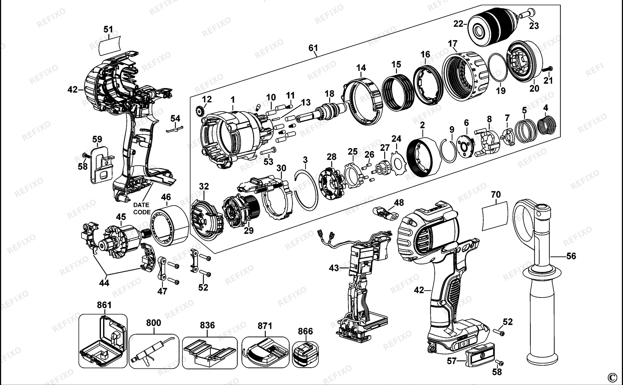 Деталировка DeWalt DCD985N-XJ TYPE 2 перфоратор DCD985N-XJ DCD985N — схема запчастей в разборе