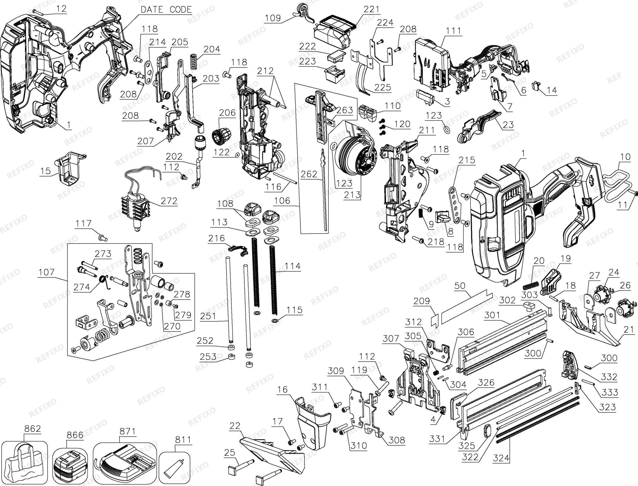 Деталировка DeWalt DCN682-XJ TYPE 1 50 mm Stauchkopf - Nagler DCN682-XJ DCN682 — схема запчастей в разборе