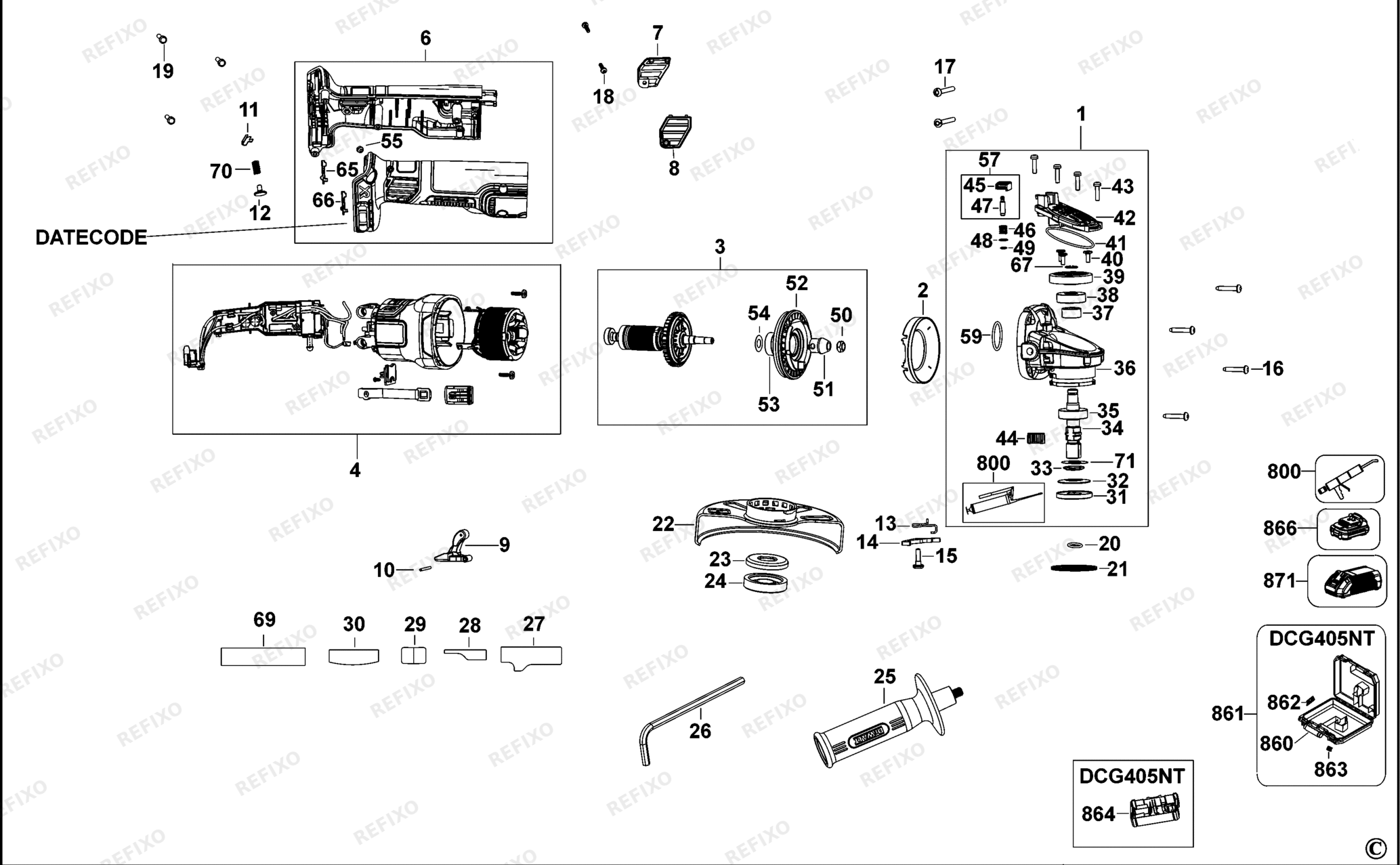 Деталировка DeWalt DCG405-XJ TYPE 1 SMALL ANGLE GRINDER DCG405-XJ DCG405 — схема запчастей в разборе