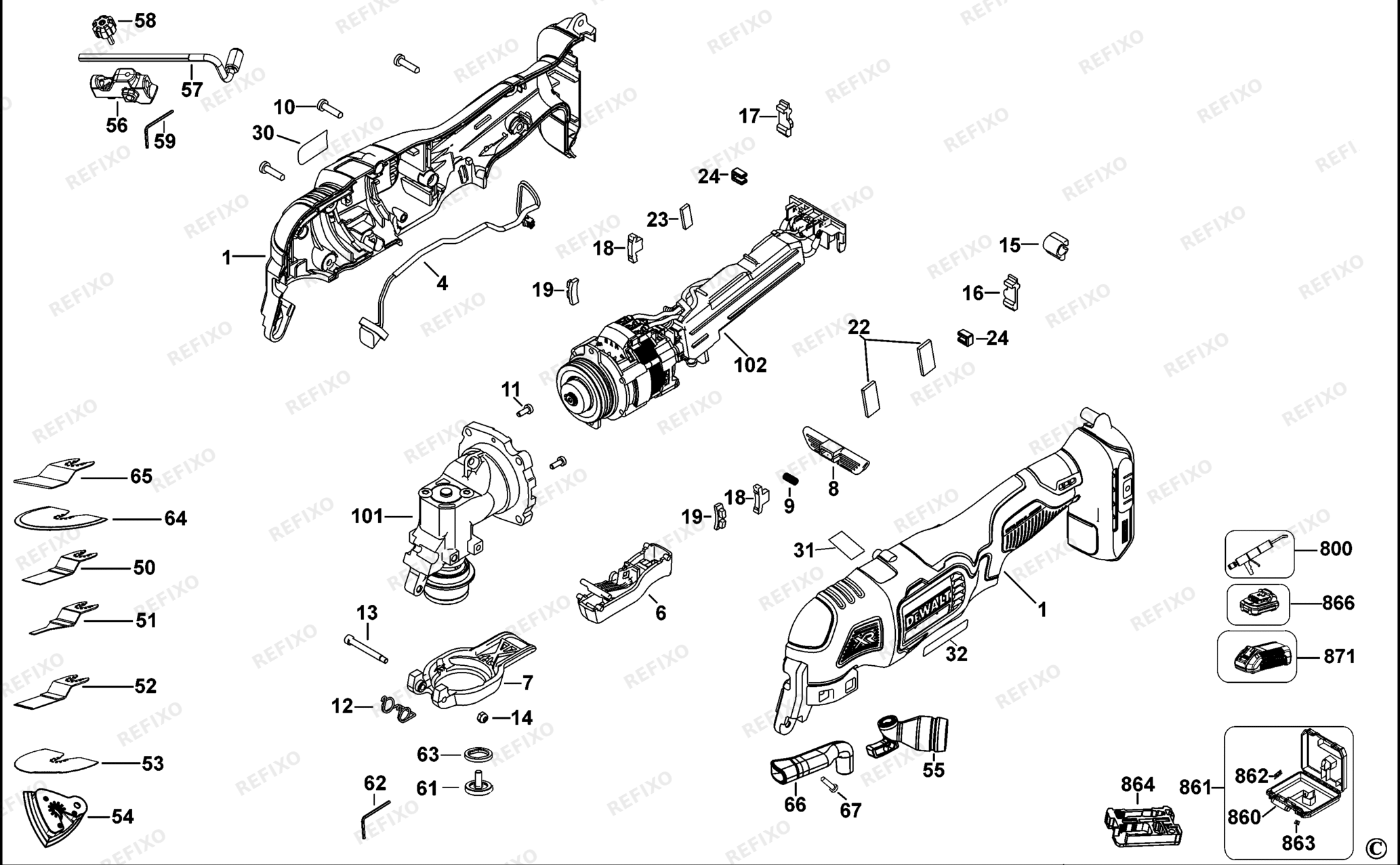 Деталировка DeWalt DCS355-QW TYPE 1 MULTITOOL DCS355-QW DCS355 — схема запчастей в разборе