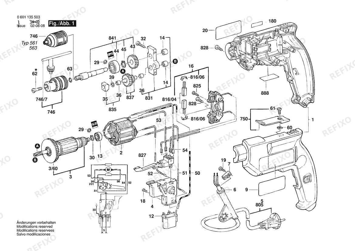 Деталировка Bosch Дрель GBM 10 RE | 230 V | 036 - GB (0 601 135 542) — схема запчастей в разборе