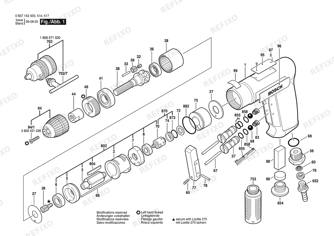 Деталировка Bosch Pw- дрель -Ind FURADEIRA PNEU.IND (0 607 153 514) — схема запчастей в разборе